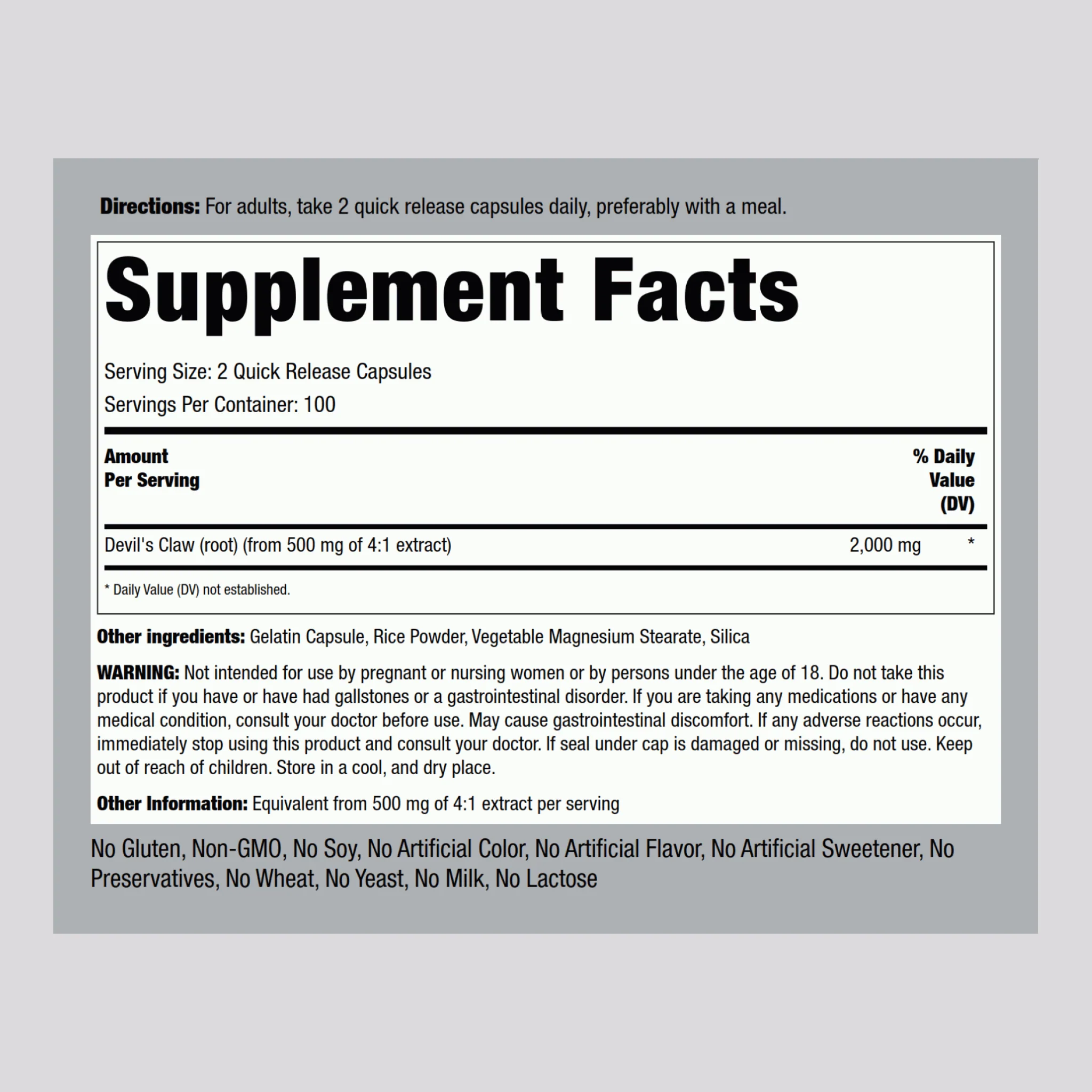 Devils Claw, 2000 mg (per serving), 200 Quick Release Capsules - Image 2