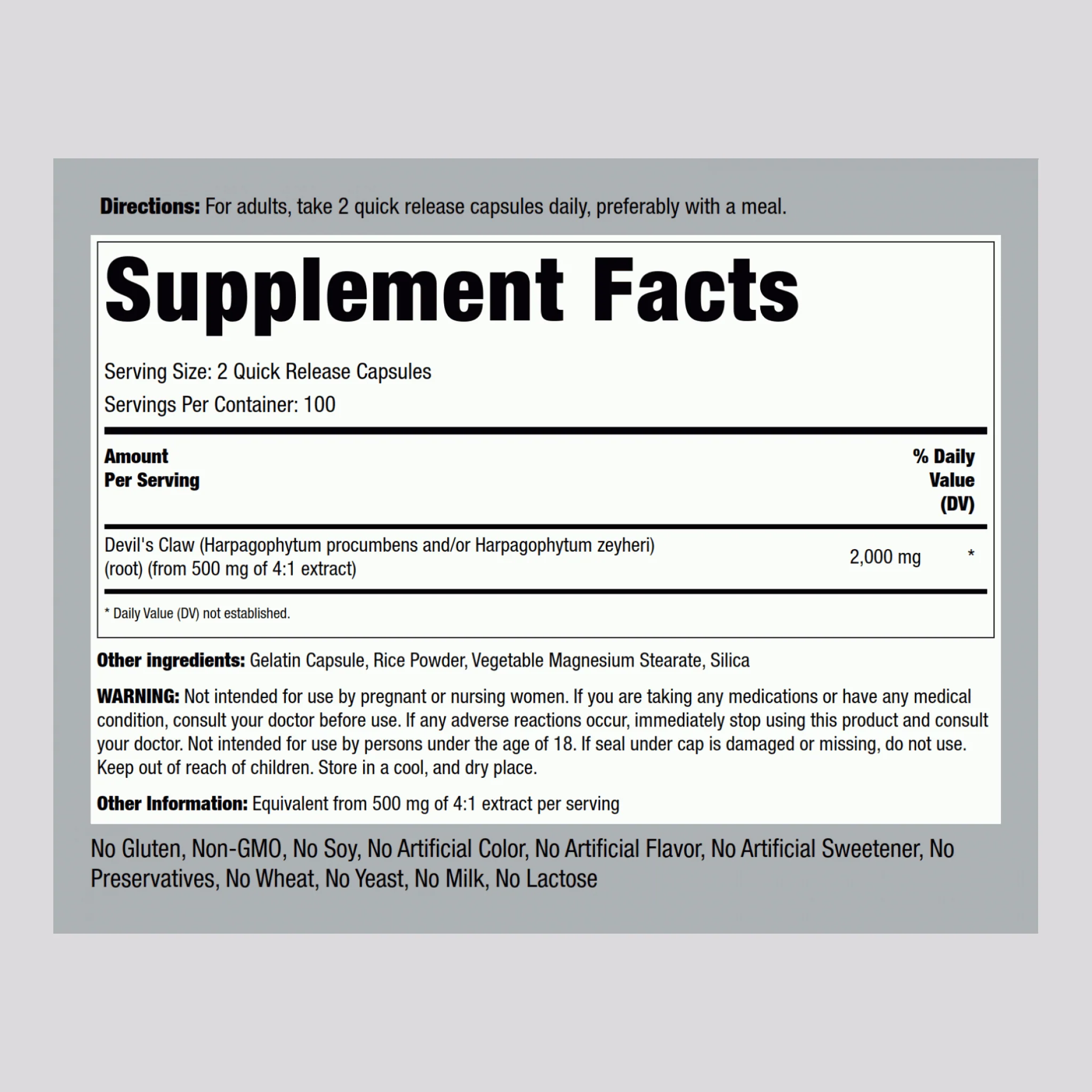 Devil's Claw, 2000 mg (per serving), 200 Quick Release Capsules, 2  Bottles - Image 2