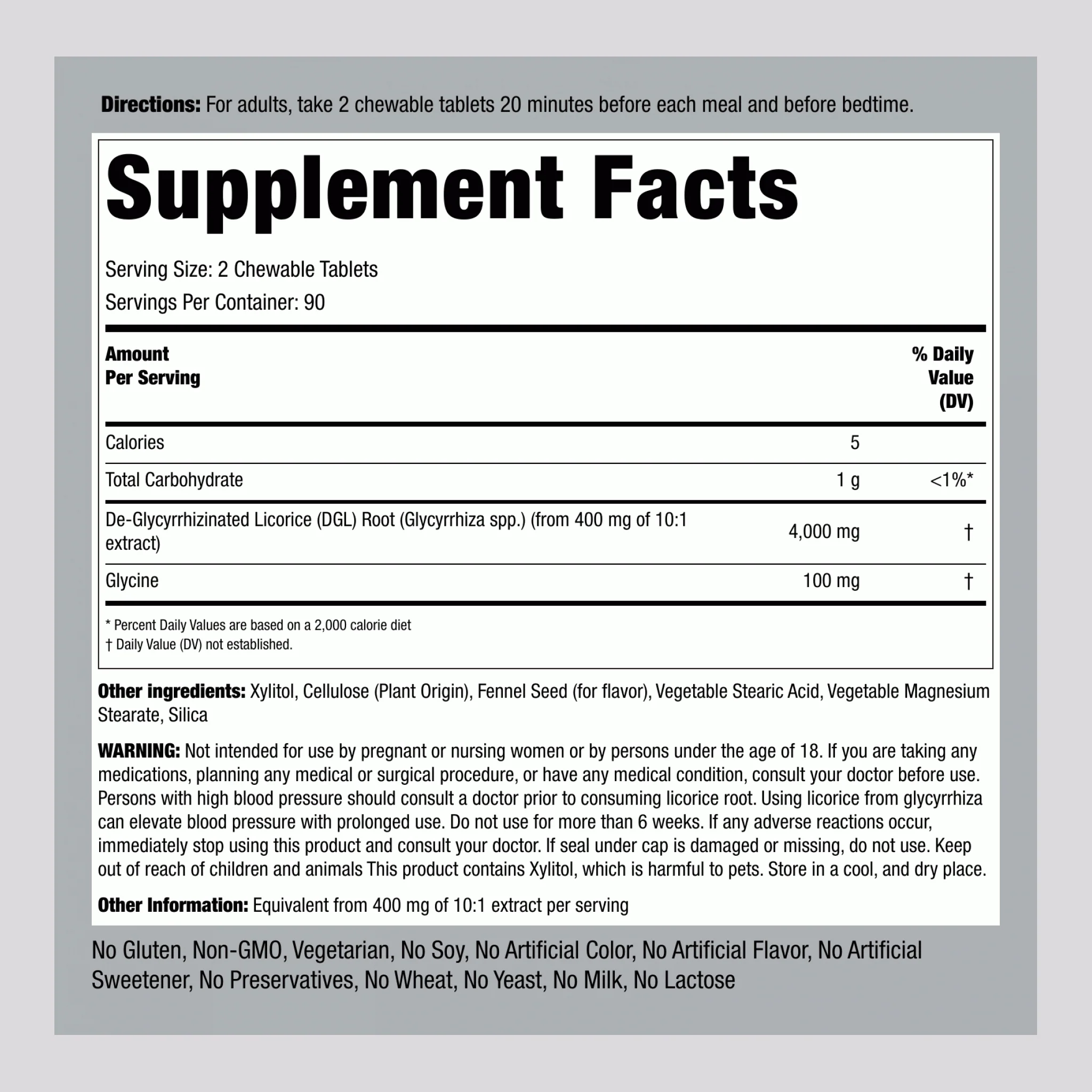 DGL Licorice Root Chewable Mega Potency (Deglycyrrhizinated), 4000 mg (per serving), 180 Chewable Tablets, 2  Bottles - Image 2