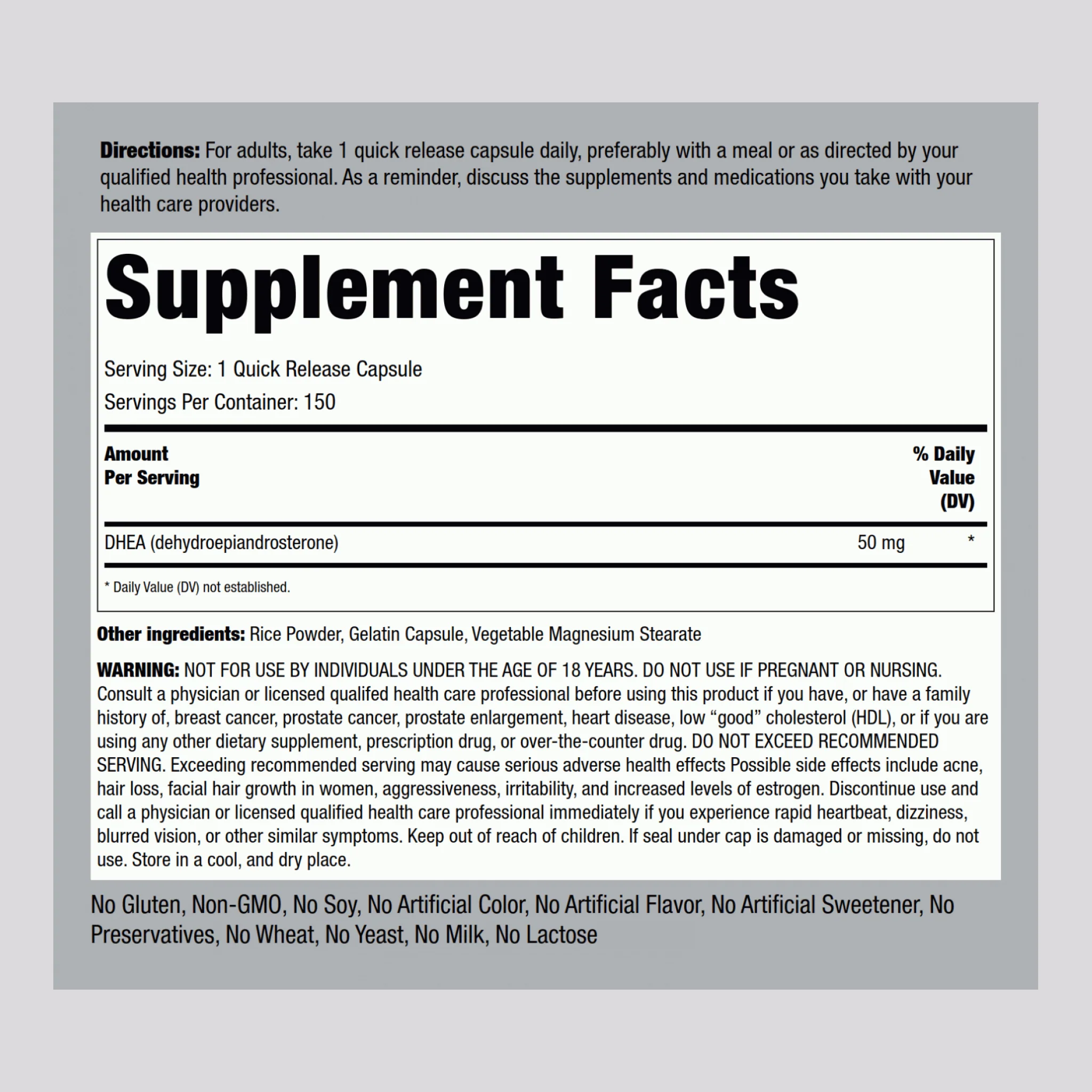 DHEA, 50 mg, 150 Quick Release Capsules - Image 2