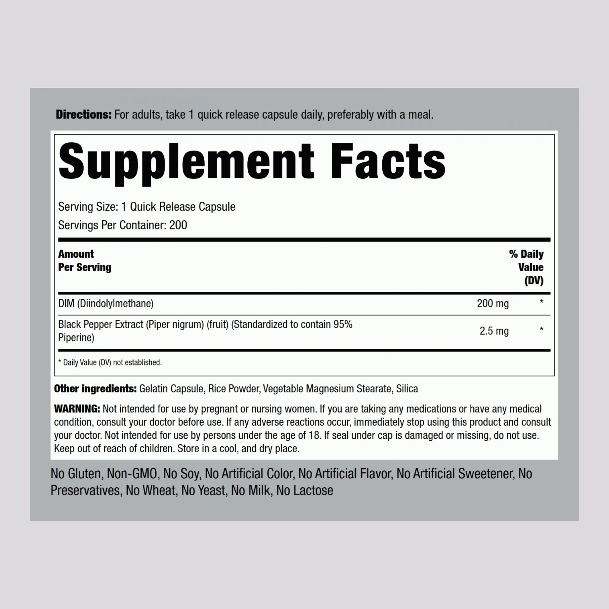 DIM (Diindolylmethane), 200 mg, 200 Quick Release Capsules - Image 2