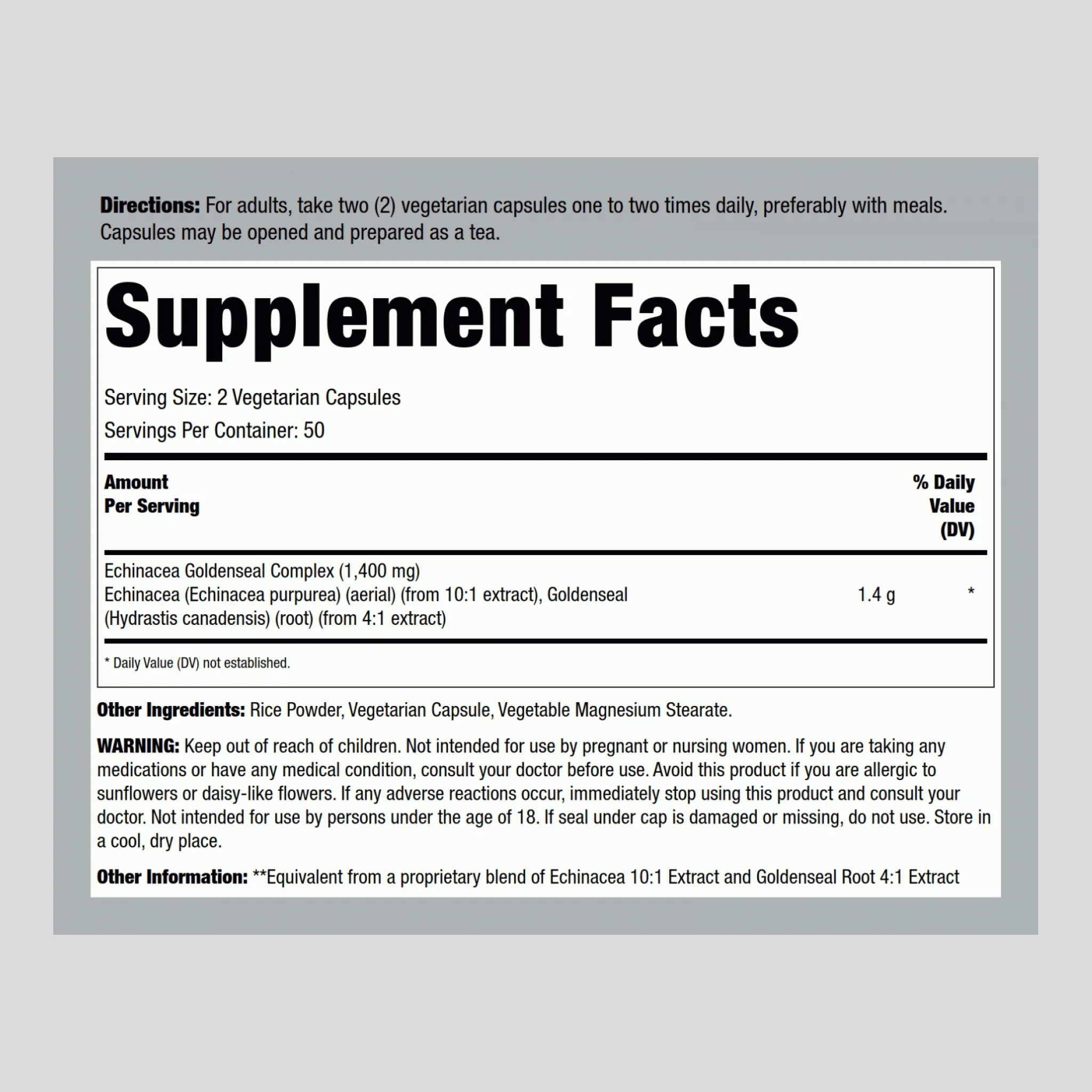 Echinacea Goldenseal, 1400 mg (per serving), 100 Vegetarian Capsules - Image 2