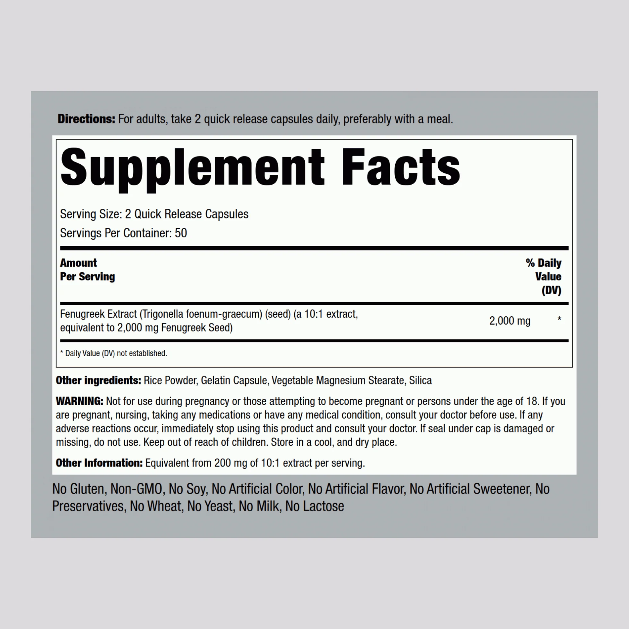Fenugreek, 2000 mg (per serving), 100 Quick Release Capsules - Image 2