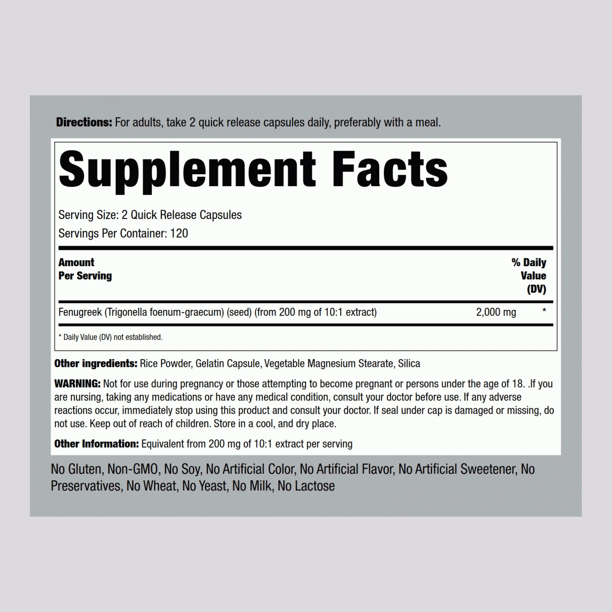 Fenugreek, 2000 mg (per serving), 240 Quick Release Capsules - Image 2