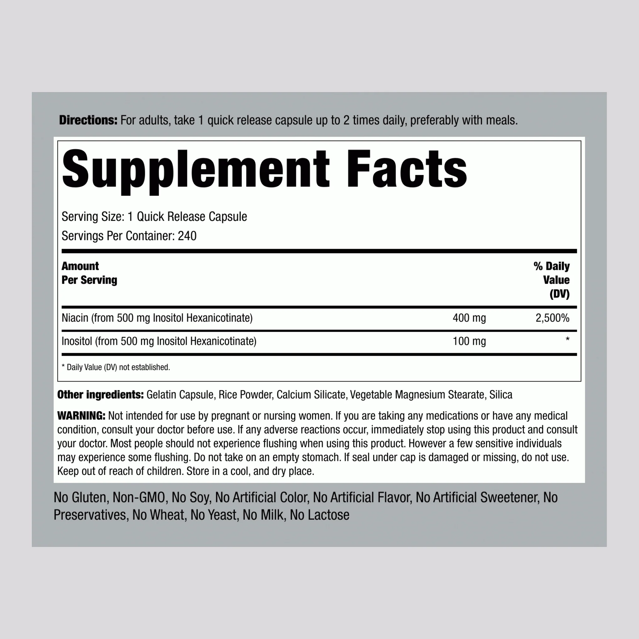 Flush Free Niacin, 500 mg, 240 Quick Release Capsules - Image 2