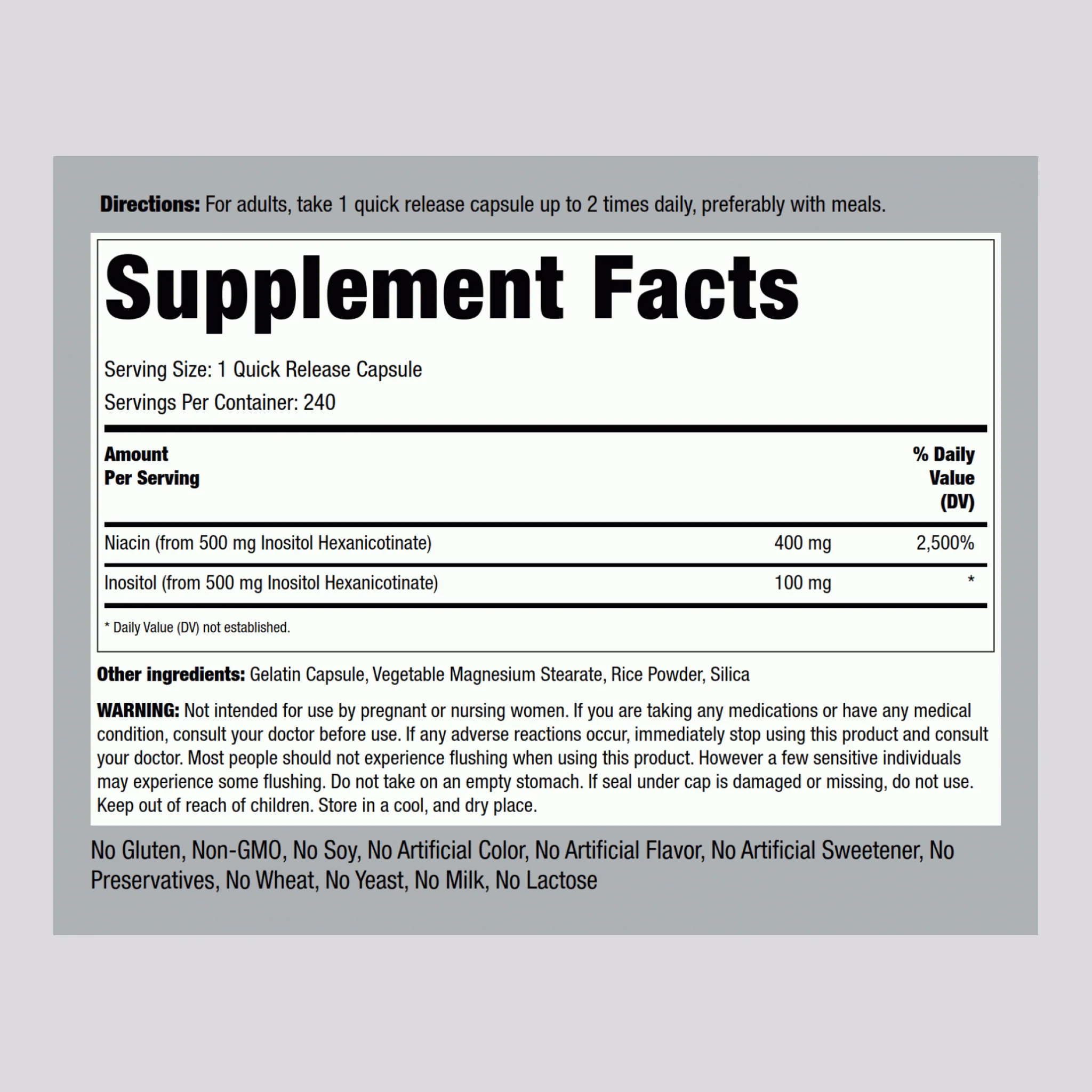 Flush Free Niacin, 500 mg, 240 Quick Release Capsules, 2  Bottles - Image 2