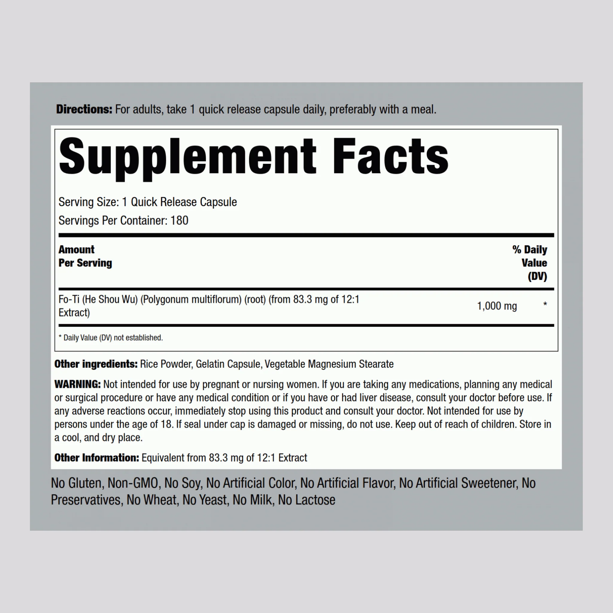Fo-Ti Root He-Shou-Wu, 1000 mg, 180 Quick Release Capsules - Image 2