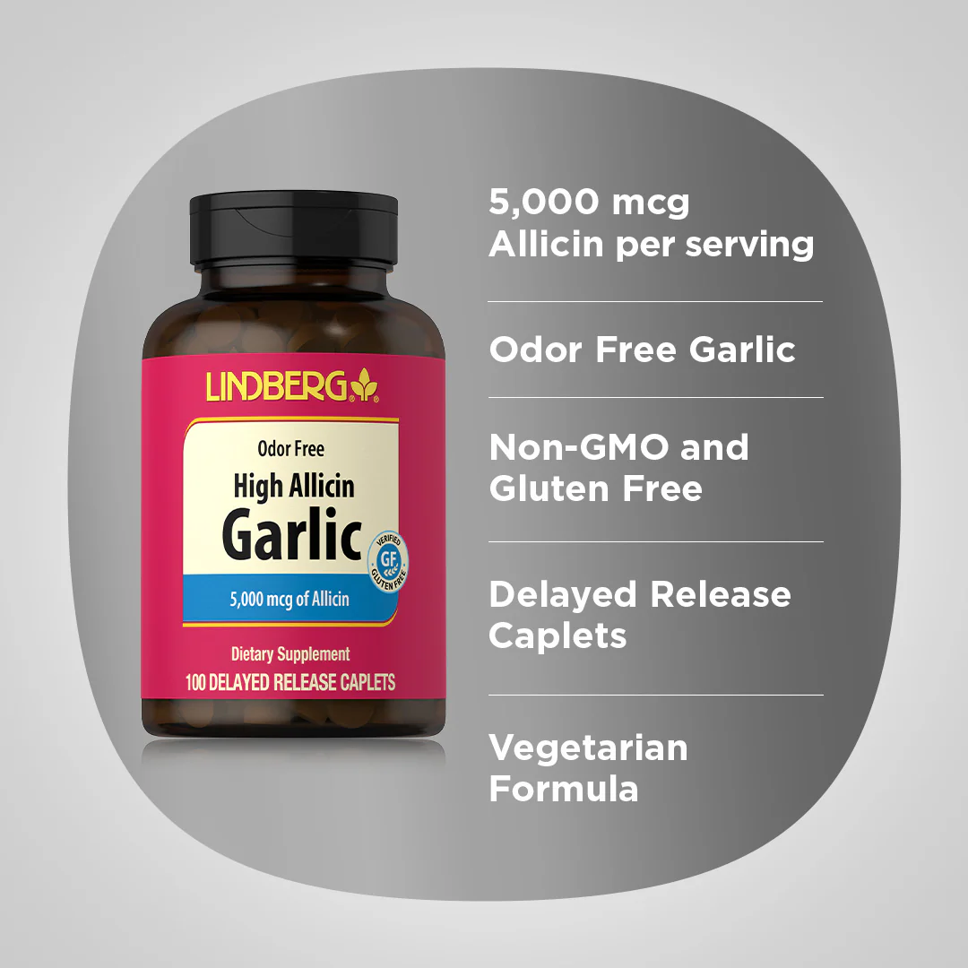 Garlic High Allicin Delayed Release (Odor Free), 100 Delayed Release Caplets - Image 3