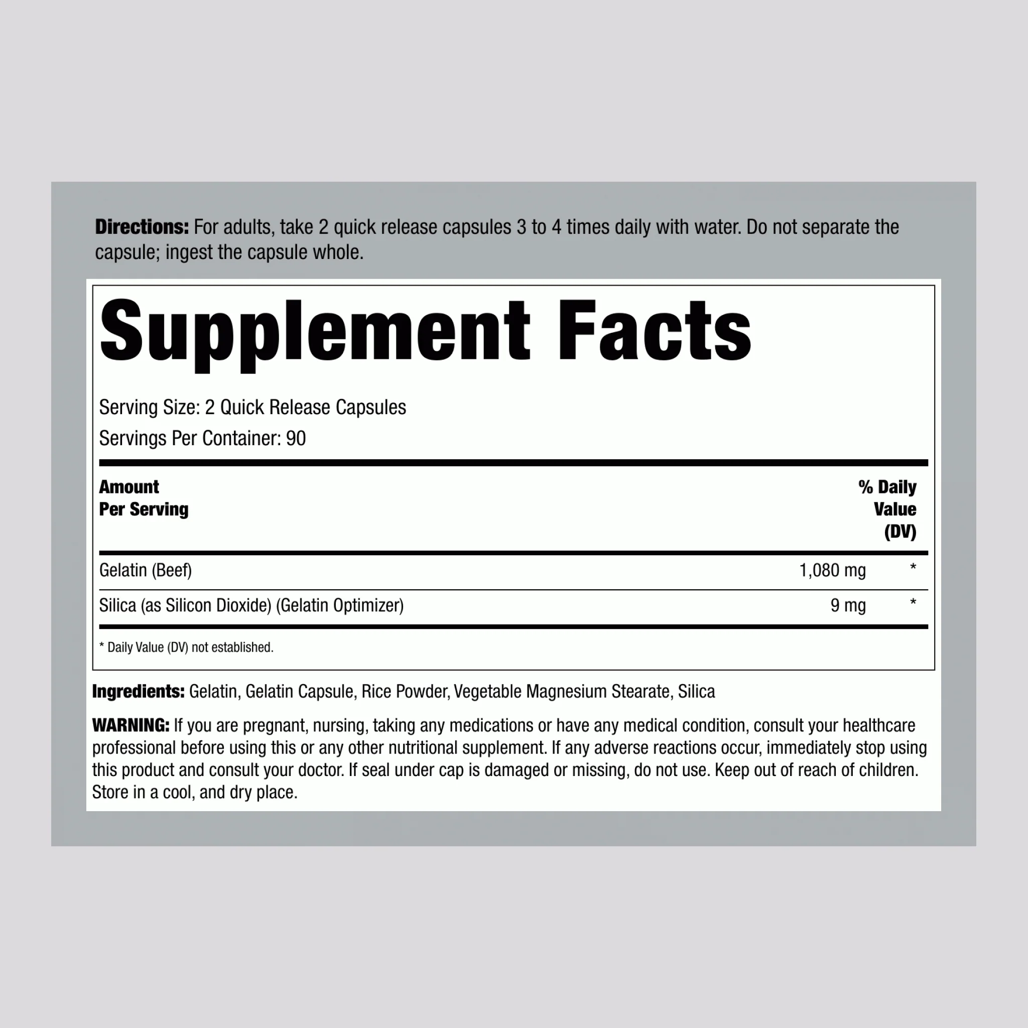 Gelatin (Beef) plus Silica Optimizer, 2,160 mg (per serving), 250 Quick Release Capsules - Image 2