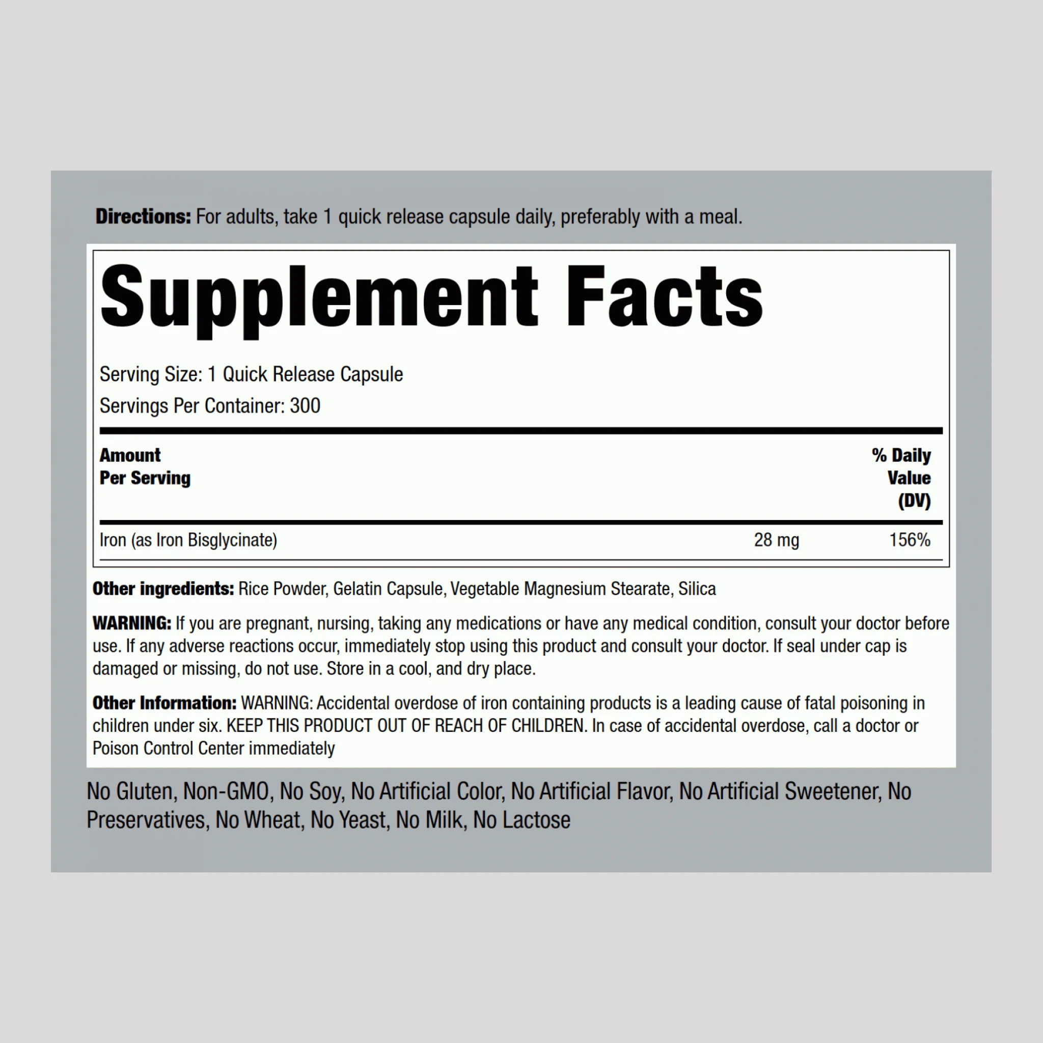 Gentle Iron (Iron Bisglycinate), 28 mg, 300 Quick Release Capsules - Image 2