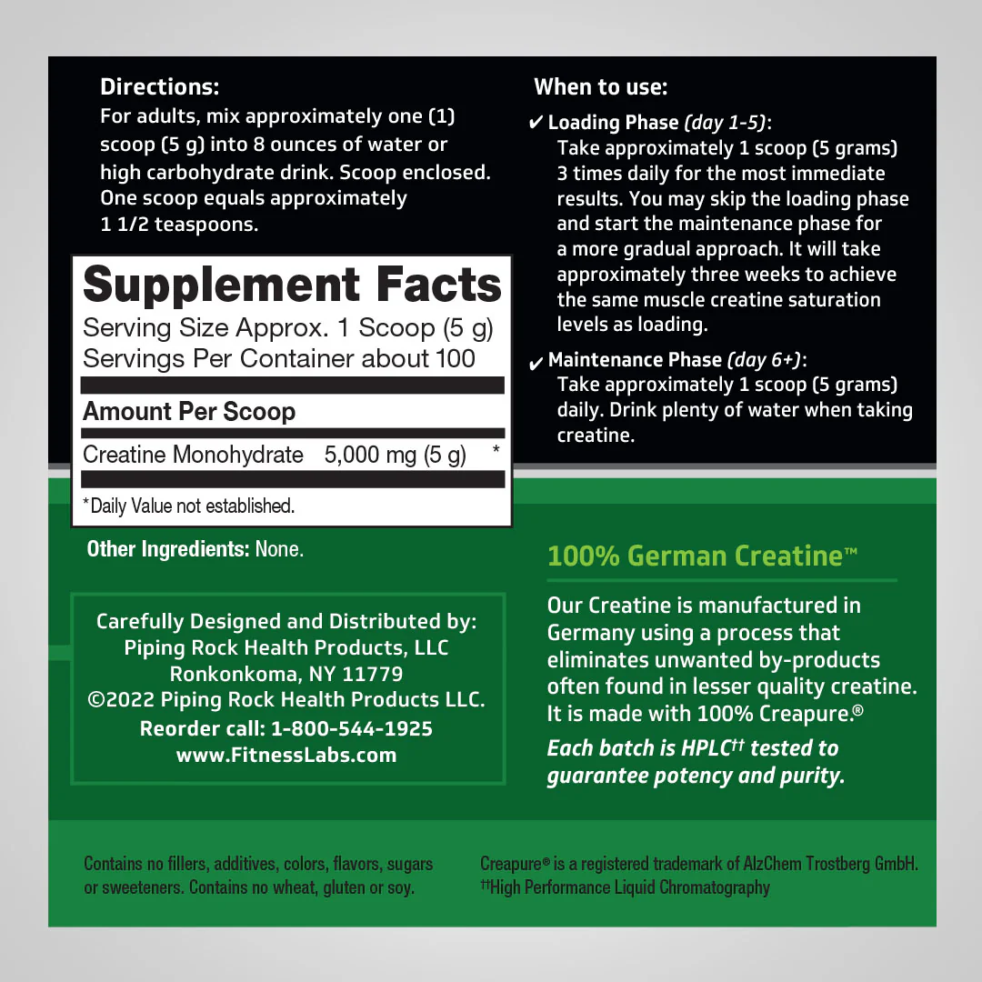 German Creatine Monohydrate (Creapure), 5000 mg (per serving), 1.1 lb (500 g) Bottle - Image 2