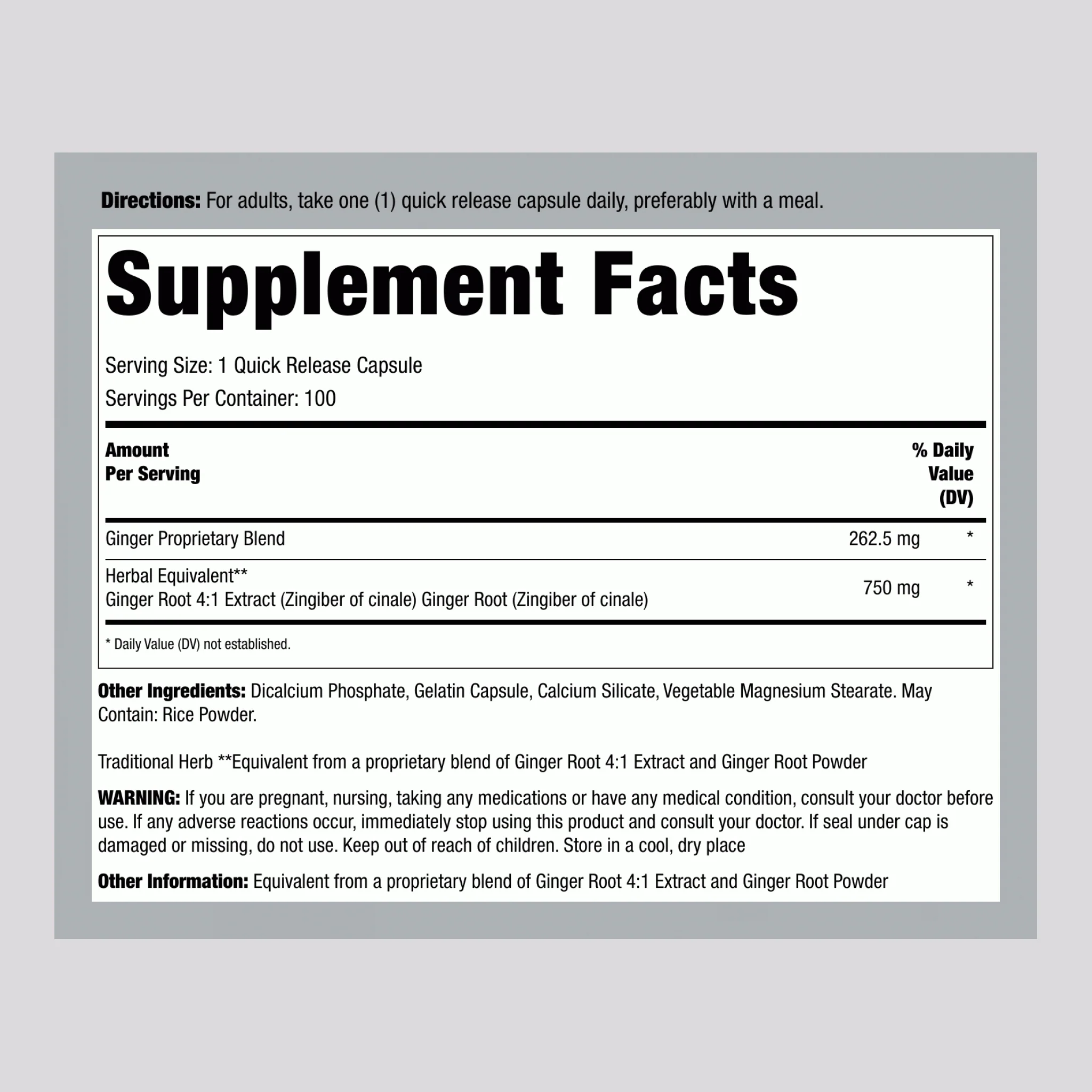 Ginger Root Extract, 750 mg, 100 Capsules - Image 2