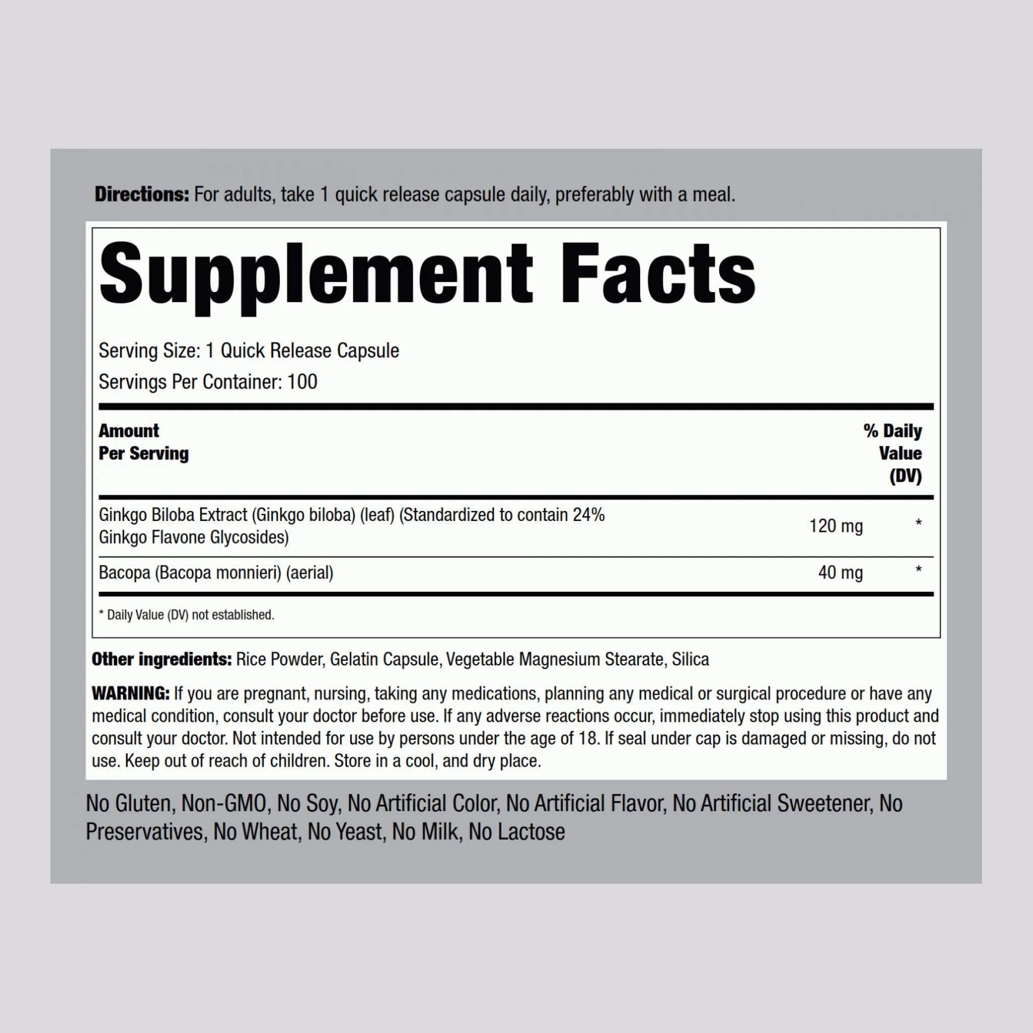 Ginkgo Biloba Standardized Extract, 120 mg, 100 Quick Release Capsules - Image 2