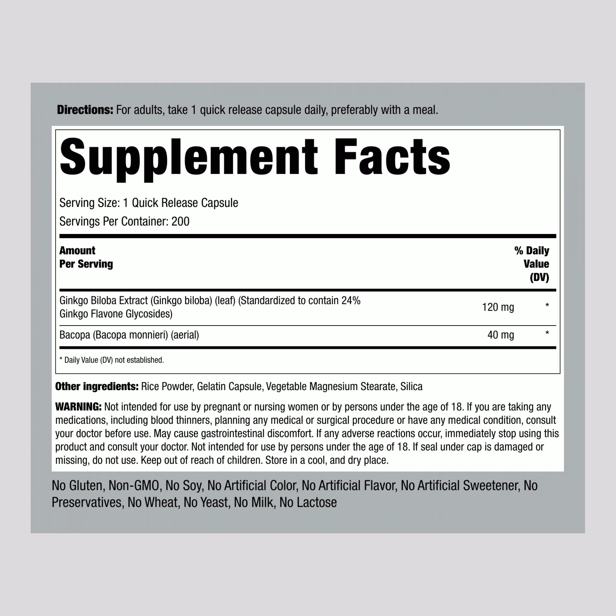 Ginkgo Biloba Standardized Extract, 120 mg, 200 Quick Release Capsules, 2  Bottles - Image 2