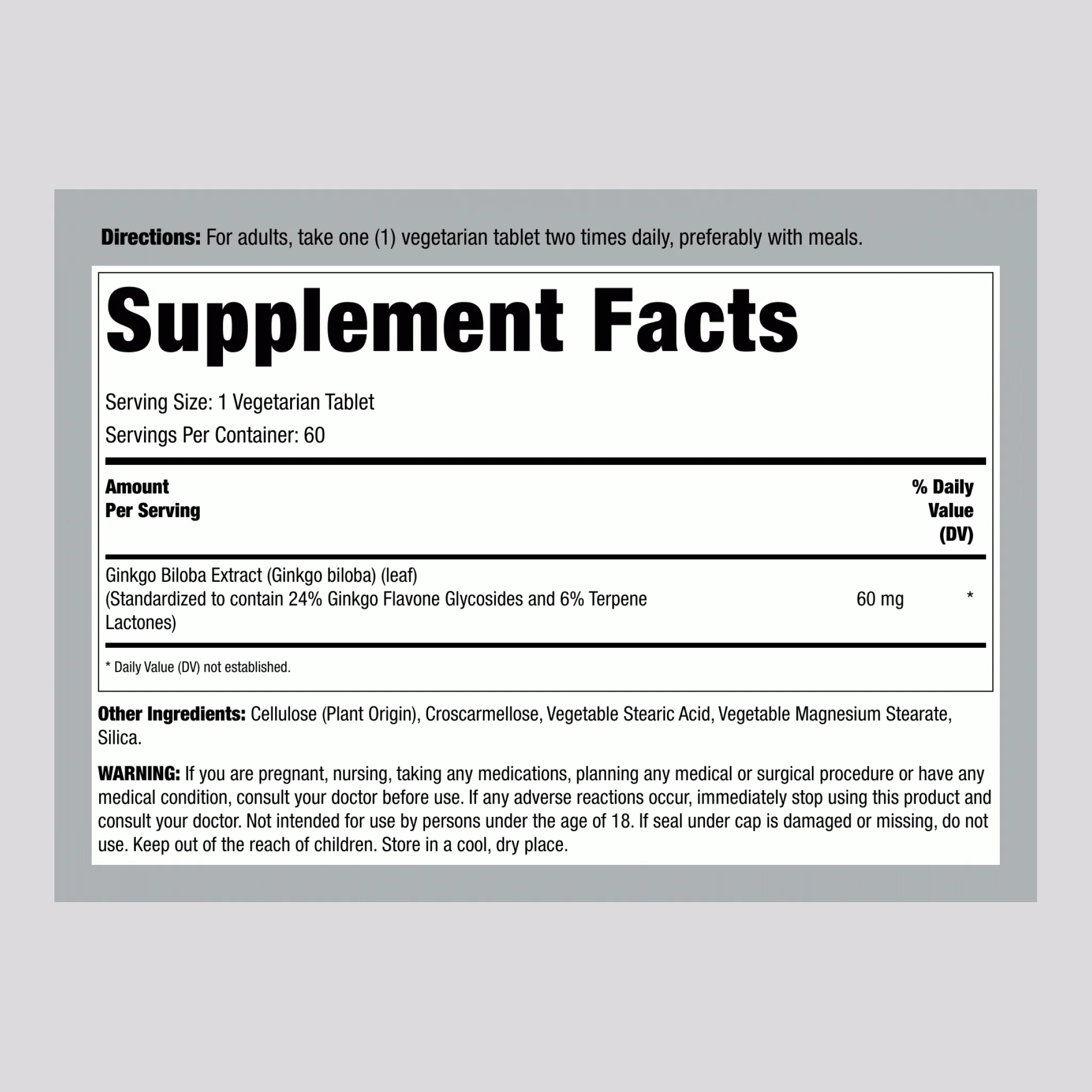 Ginkgo Biloba Standardized Extract, 60 mg, 60 Tablets - Image 2
