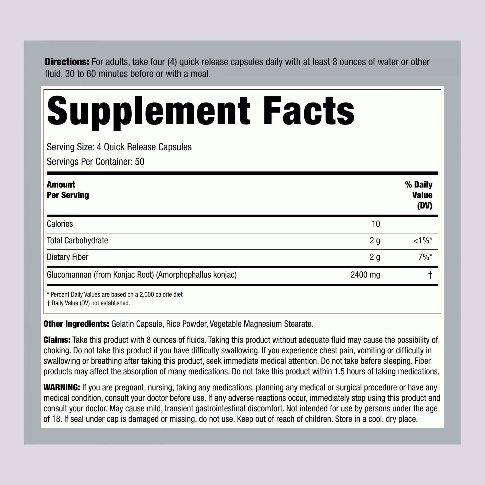 Glucomannan, 2400 mg (per serving), 200 Quick Release Capsules - Image 2