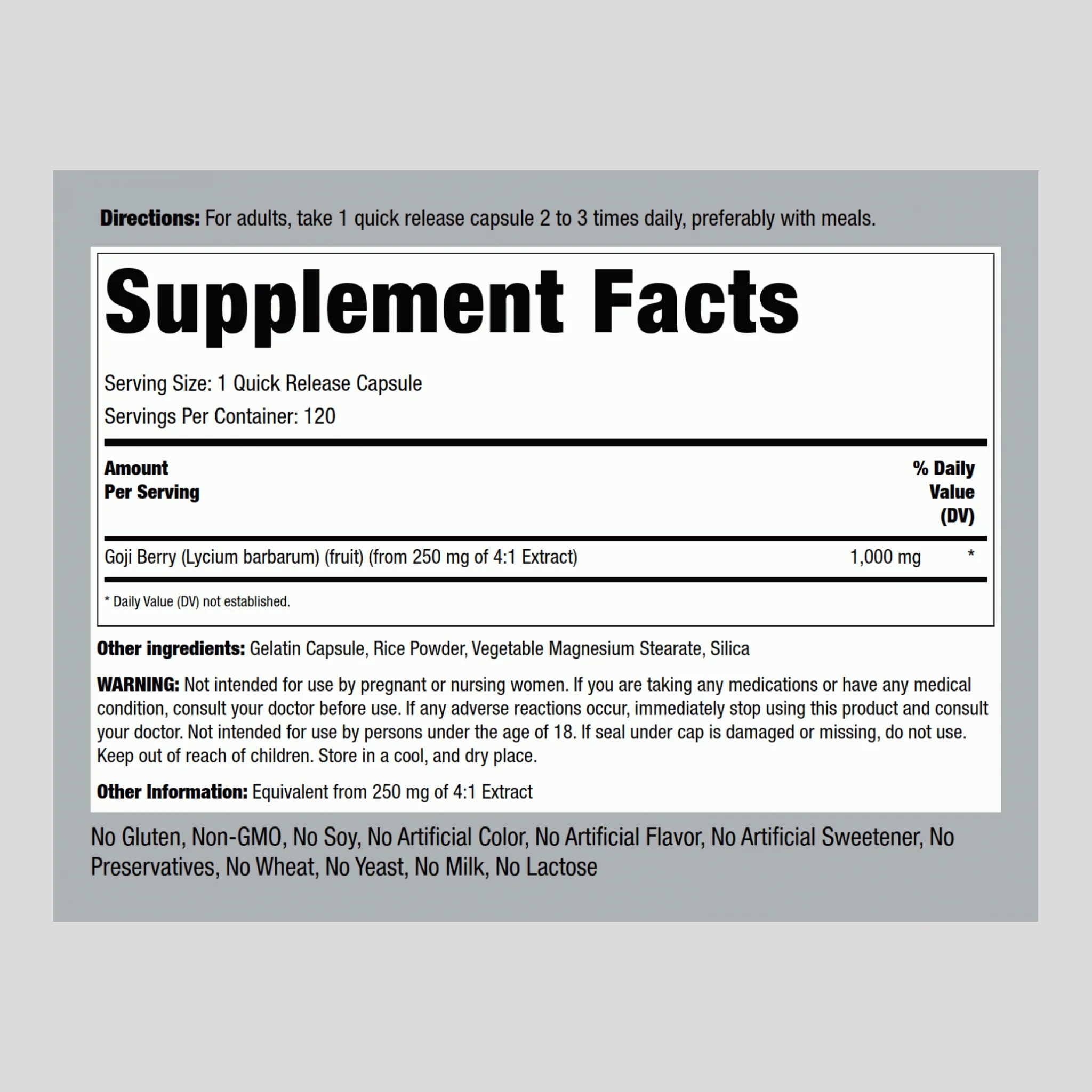Goji Berry (Wolfberry), 1000 mg, 120 Quick Release Capsules - Image 2
