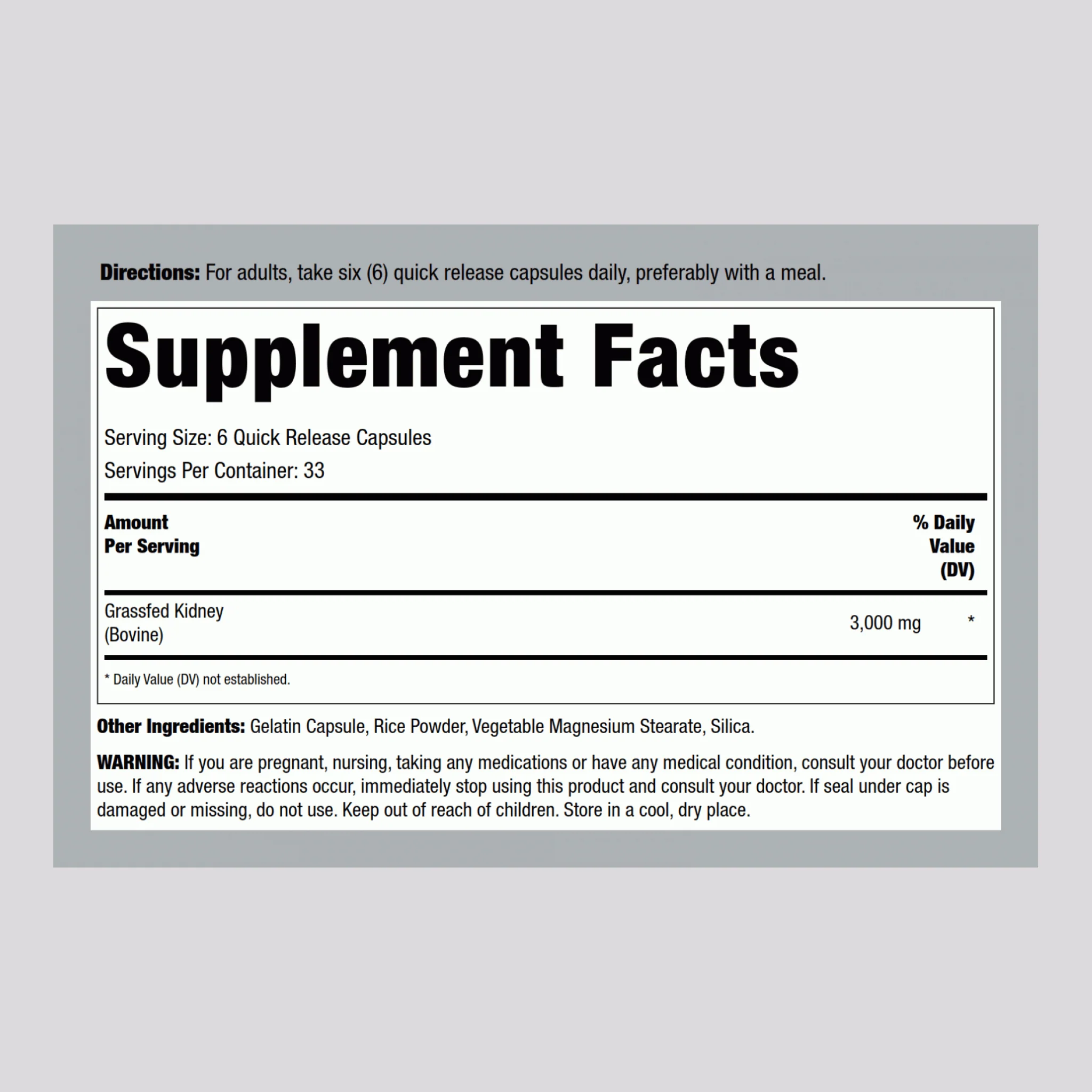 Grass Fed Beef Kidney, 3000 mg, 200 Capsules - Image 2