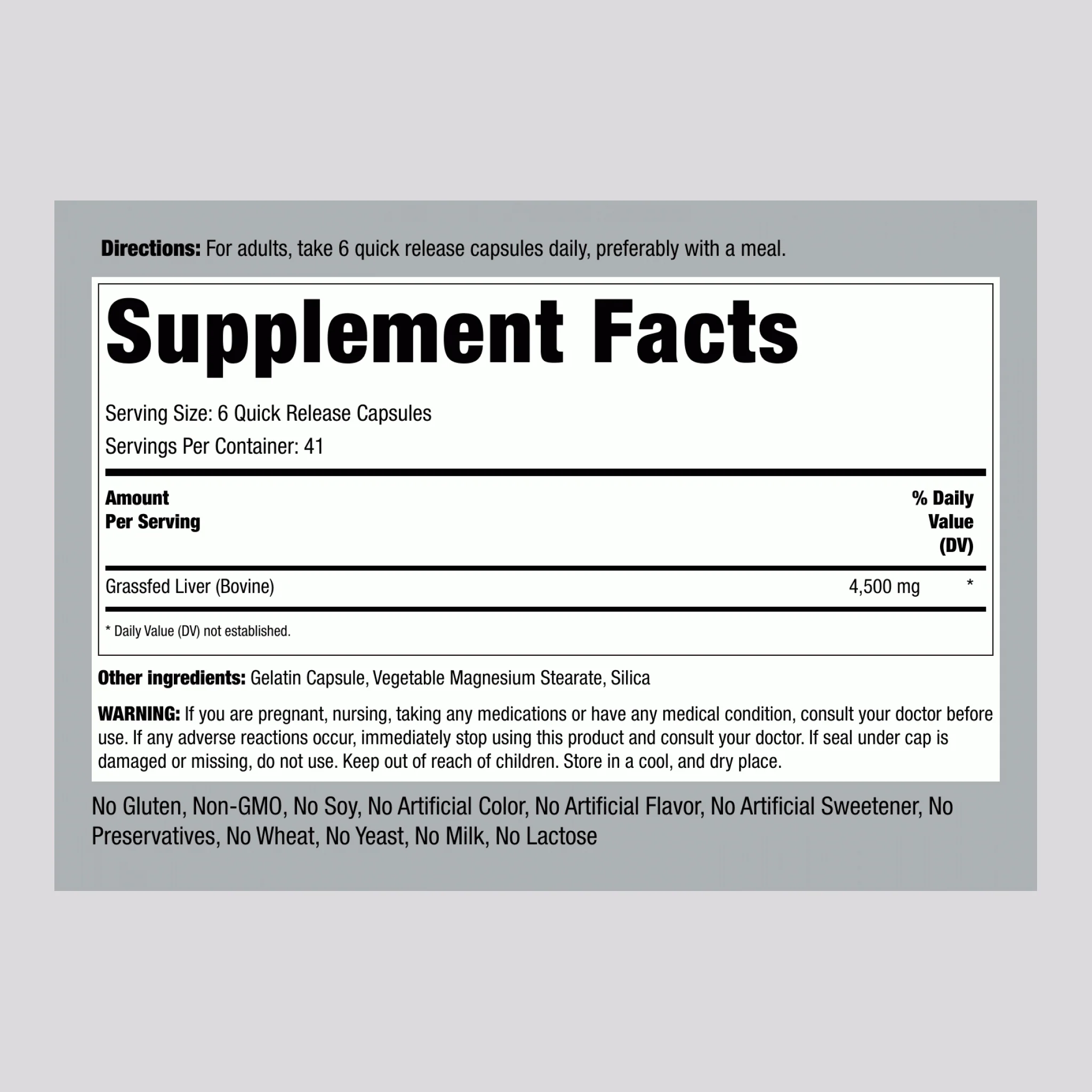 Grass Fed Beef Liver, 4500 mg (per serving), 250 Quick Release Capsules, 2  Bottles - Image 2