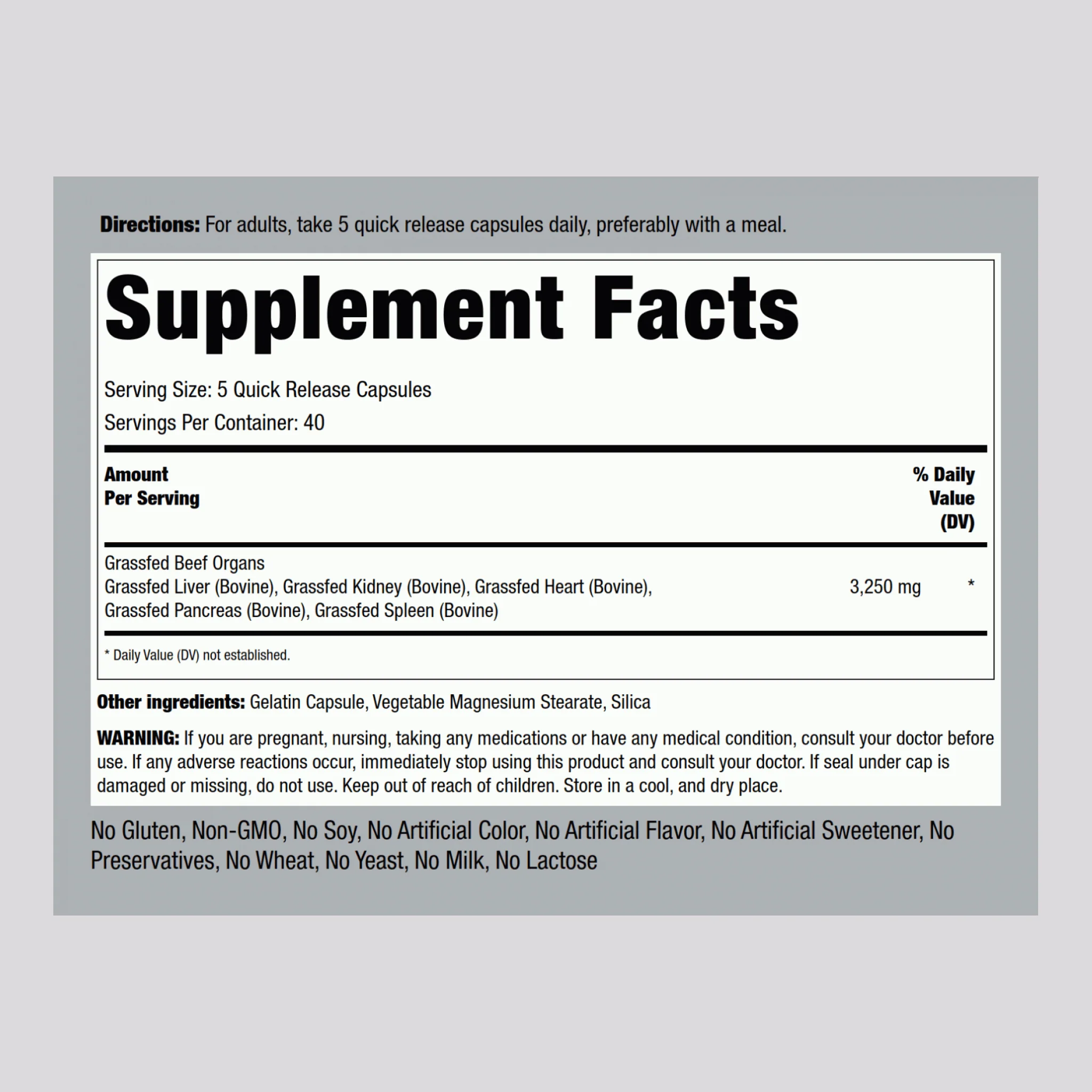 Grass Fed Beef Organs, 3250 mg (per serving), 200 Quick Release Capsules - Image 2