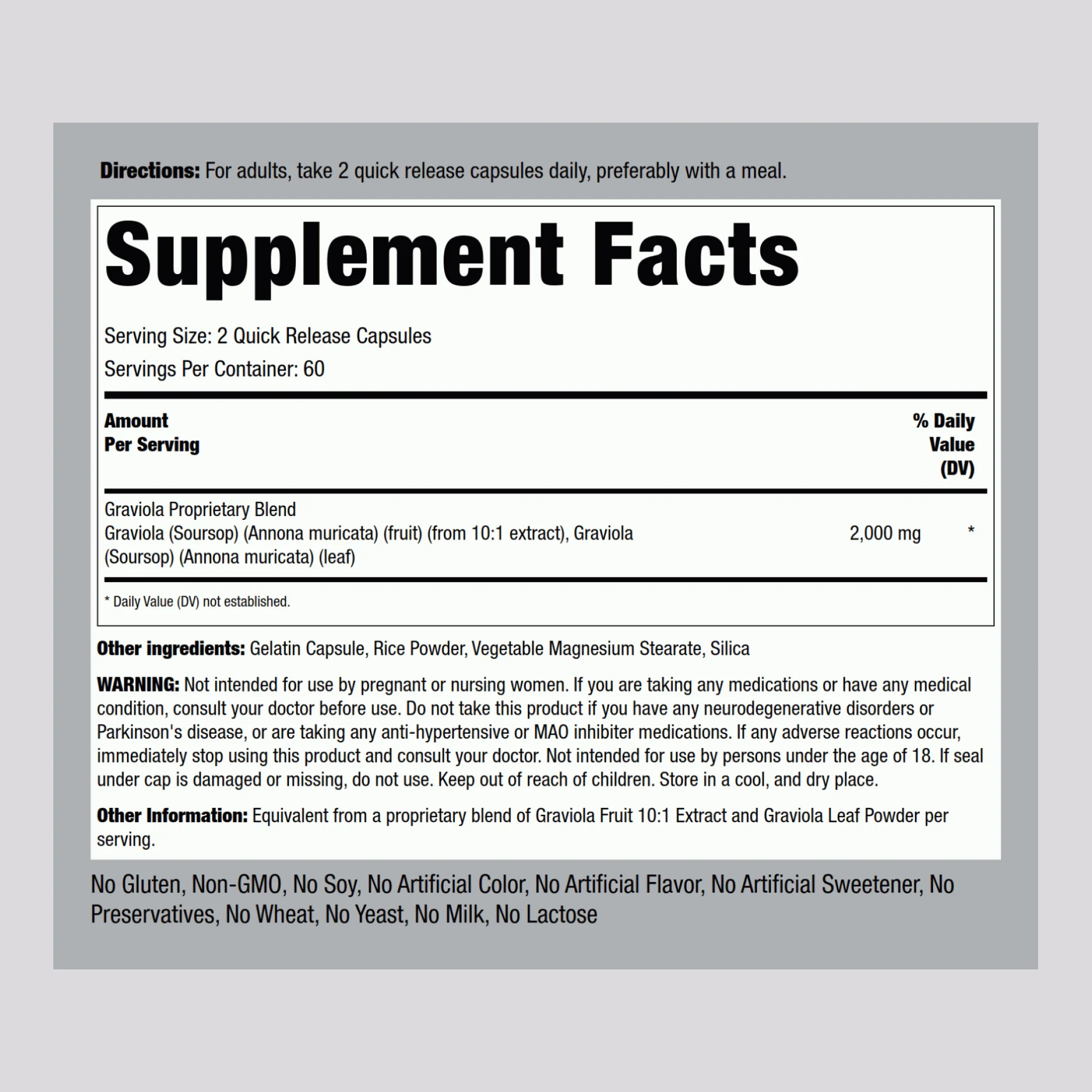 Graviola Soursop, 2000 mg (per serving), 120 Quick Release Capsules - Image 2
