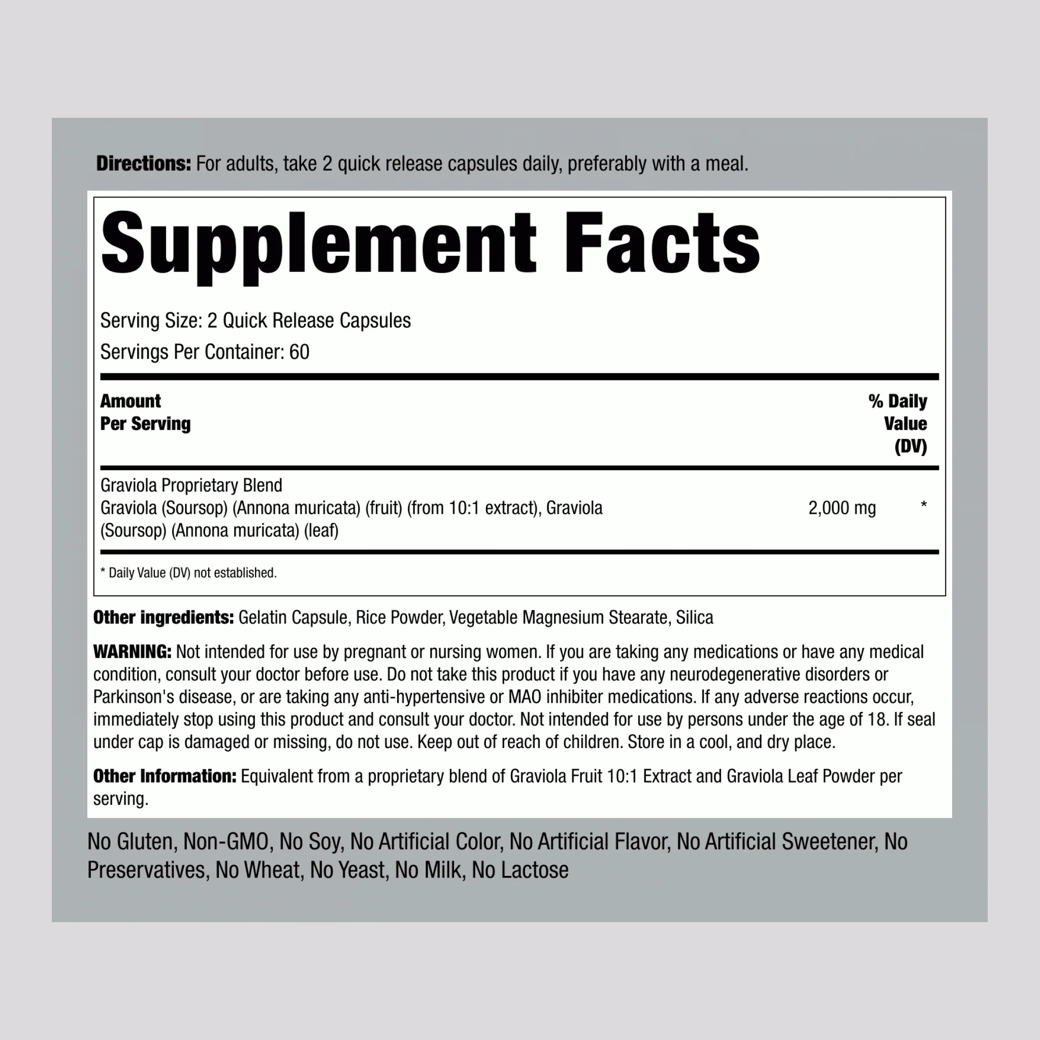 Graviola Soursop, 2000 mg (per serving), 120 Quick Release Capsules, 2  Bottles - Image 2
