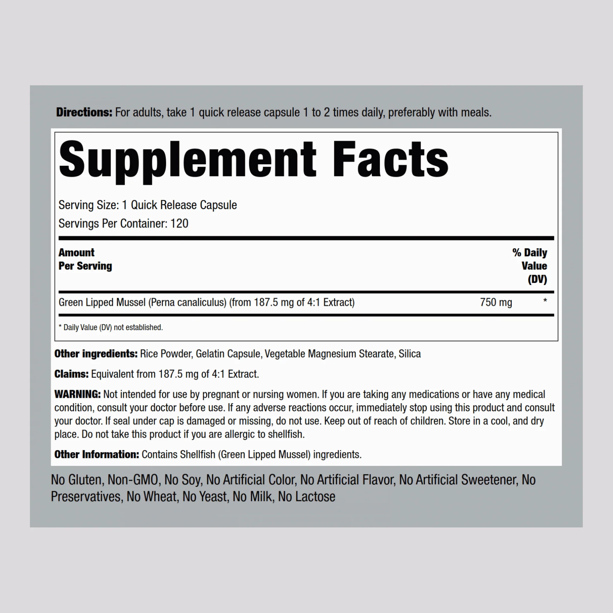 Green Lipped Mussel Freeze Dried from New Zealand, 750 mg, 120 Quick Release Capsules - Image 2