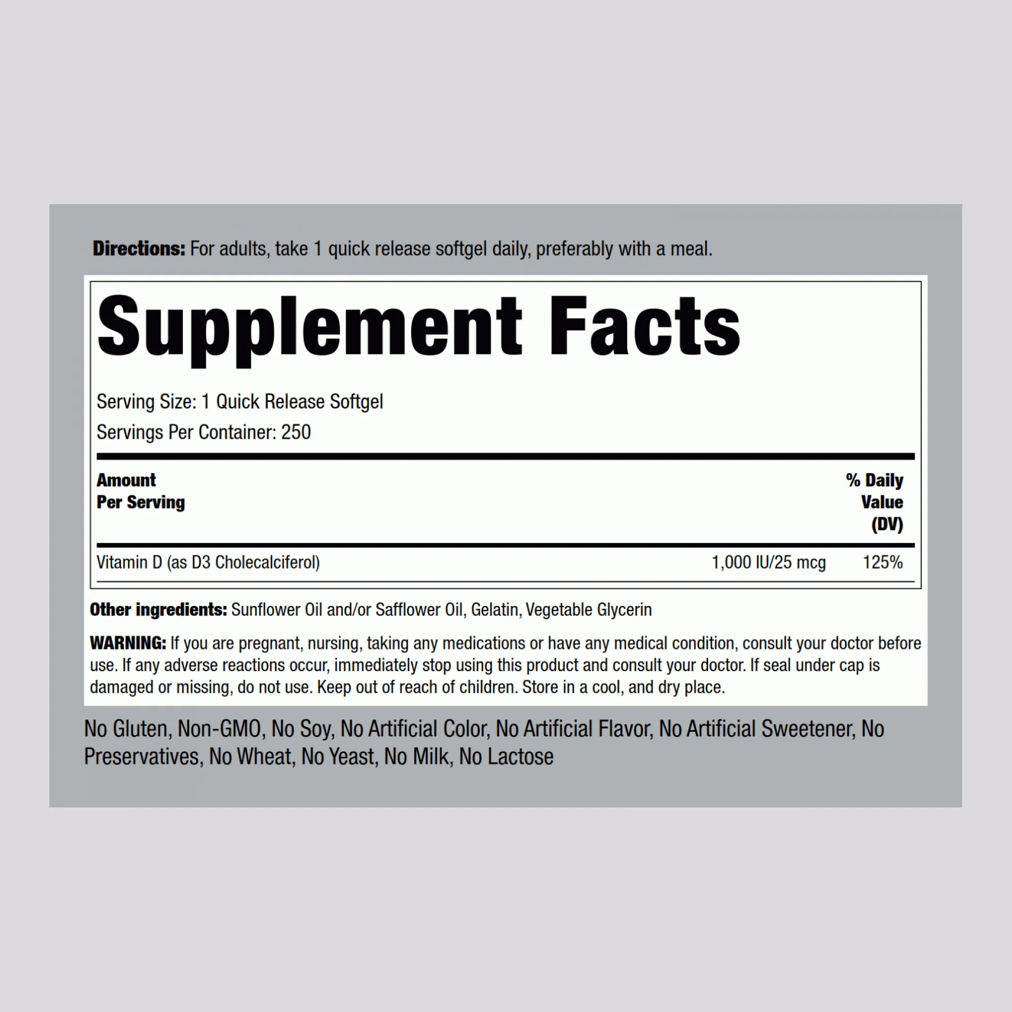 High Potency Vitamin D3, 1000 IU, 250 Quick Release Softgels - Image 2