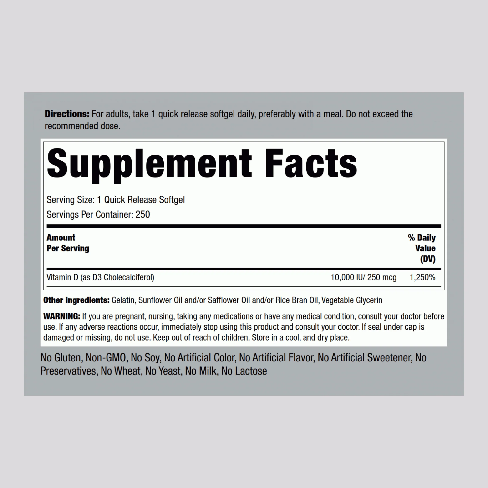 High Potency Vitamin D3, 10,000 IU, 250 Quick Release Softgels - Image 2