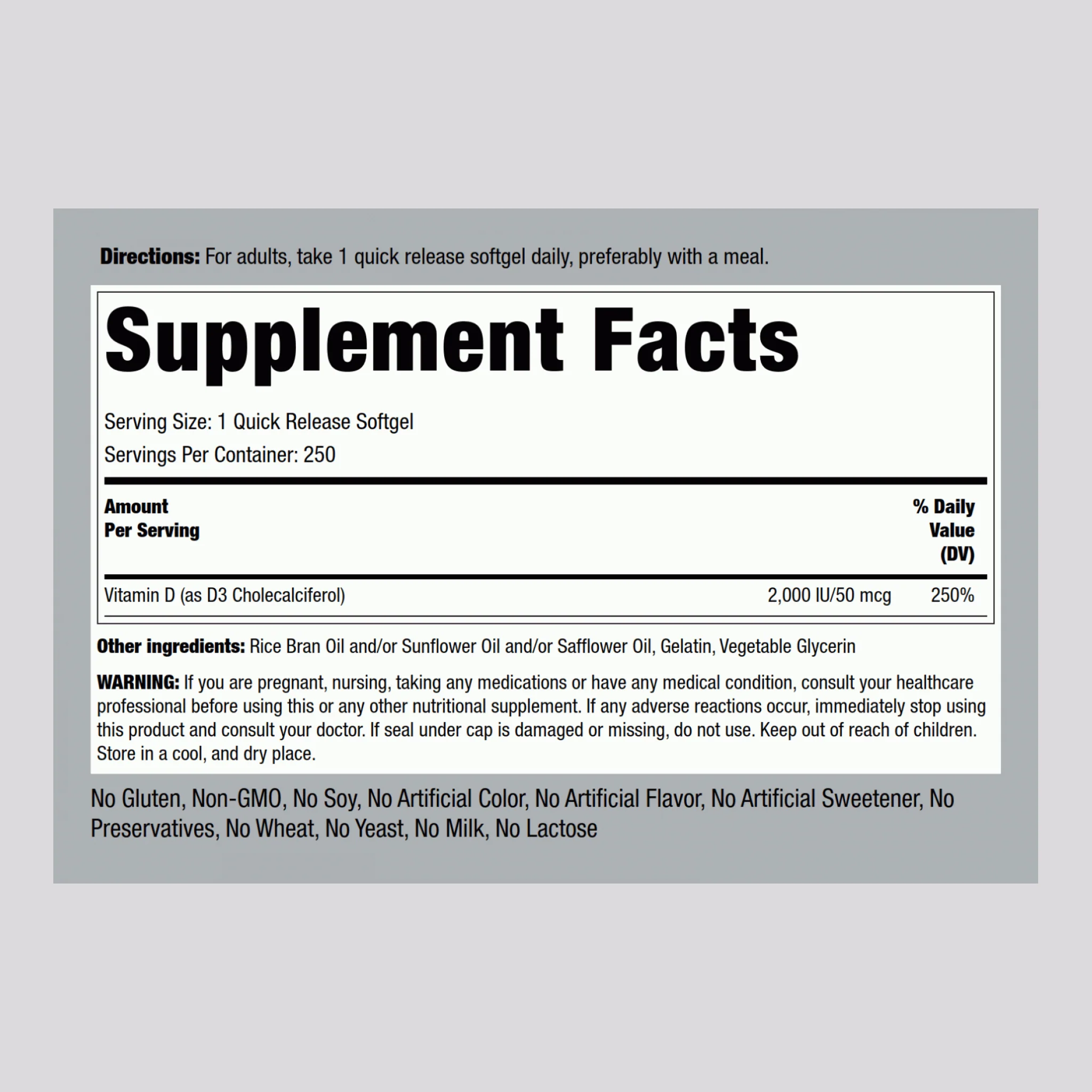 High Potency Vitamin D3, 2000 IU, 250 Quick Release Softgels - Image 2