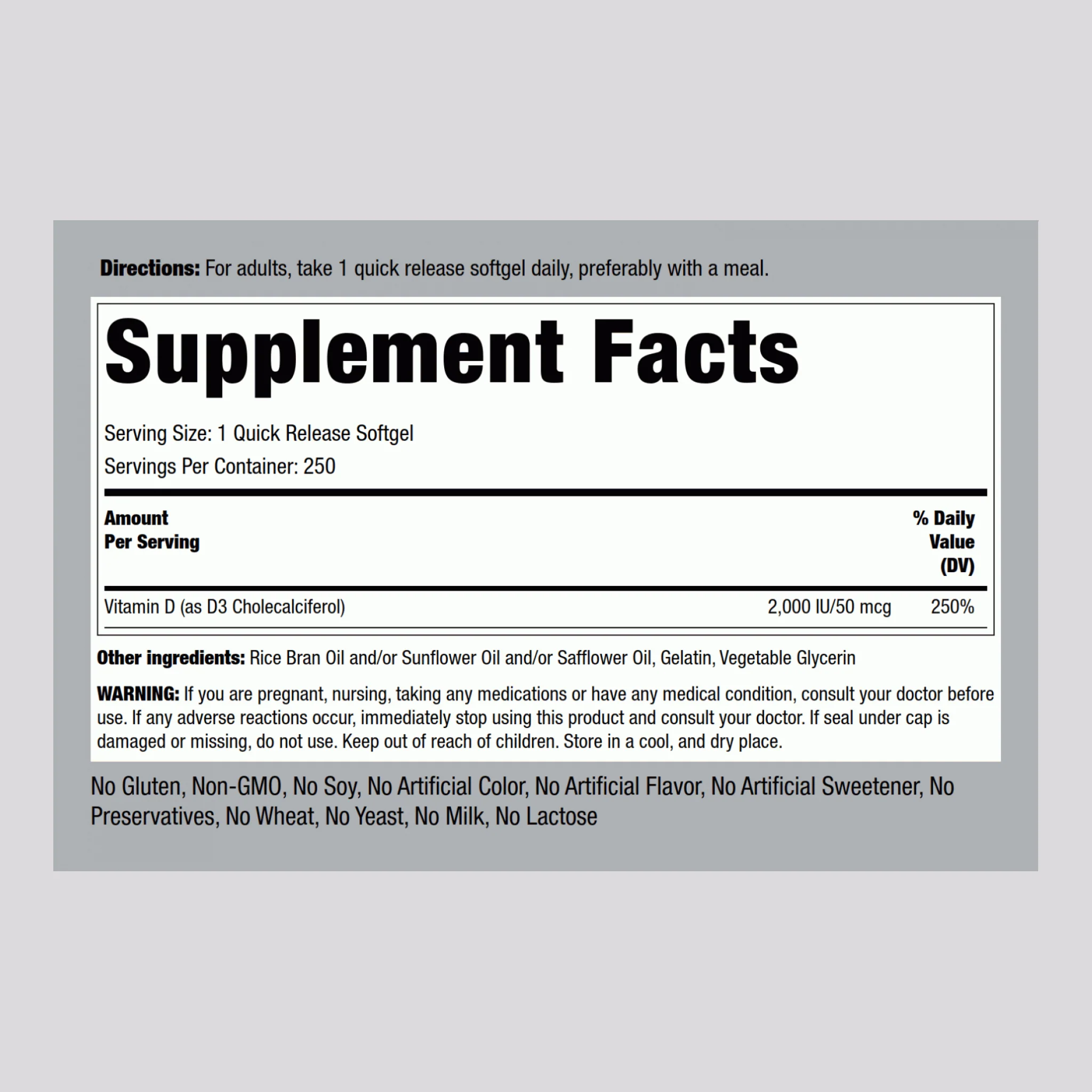 High Potency Vitamin D3, 2000 IU, 250 Quick Release Softgels, 2  Bottles - Image 2