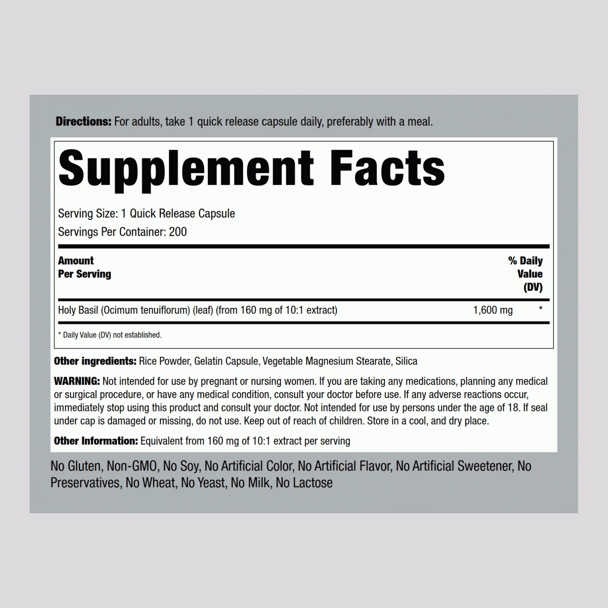 Holy Basil Tulsi, 1600 mg, 200 Quick Release Capsules - Image 2
