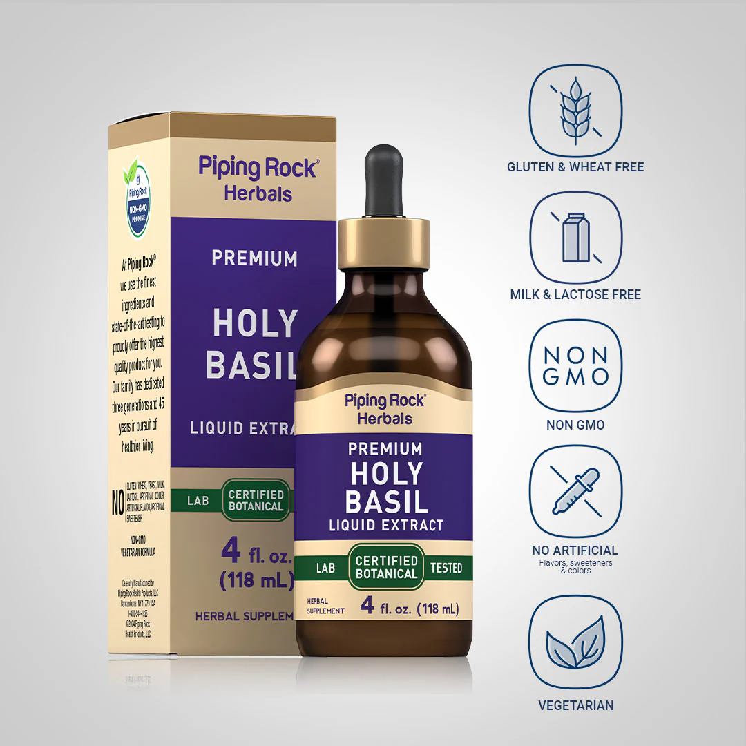 Holy Basil Tulsi Liquid Extract Alcohol Free, 4 fl oz (118 mL) Dropper Bottle - Image 4