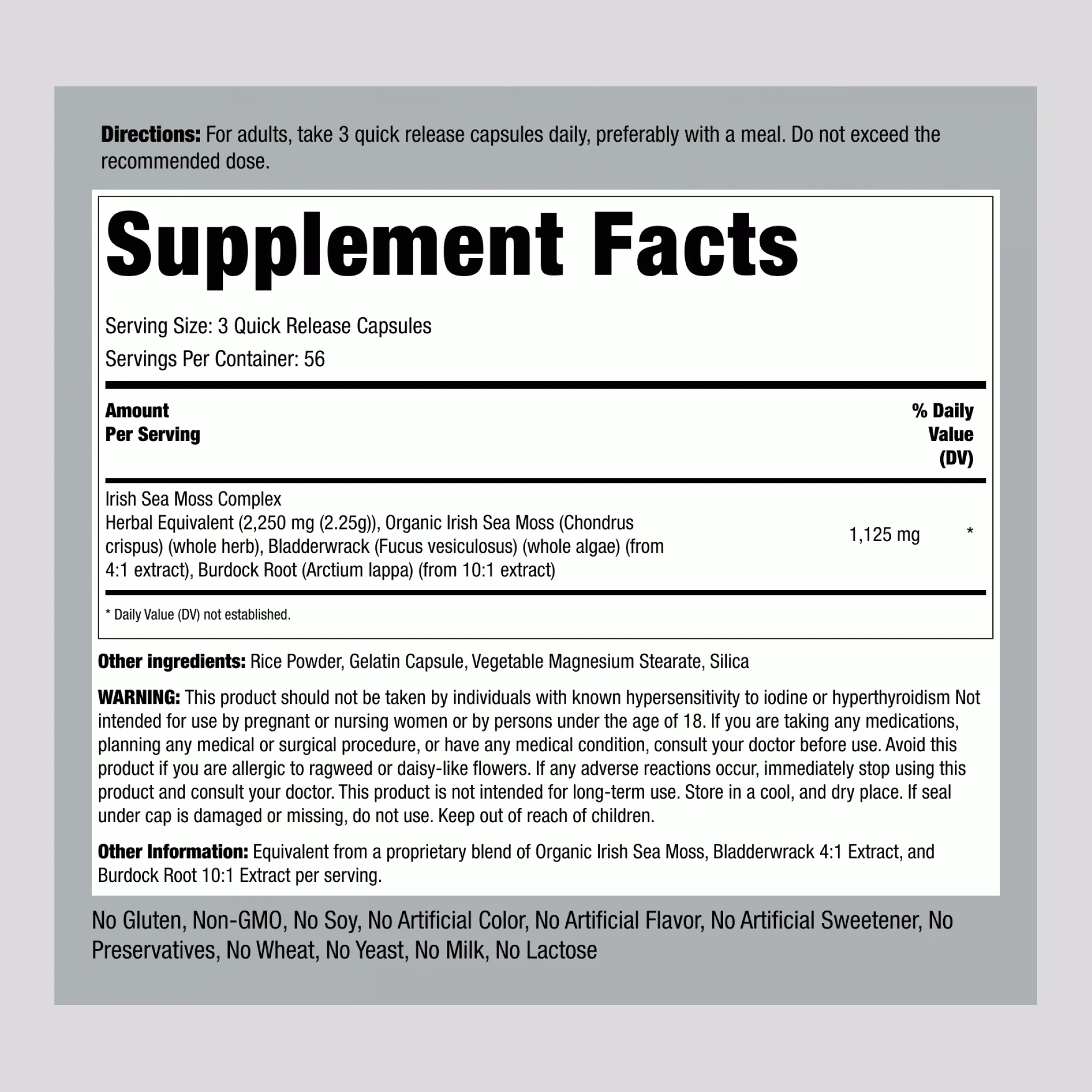 Irish Sea Moss Complex with Bladderwrack & Burdock Root, 2250 mg (per serving), 170 Quick Release Capsules, 2  Bottles - Image 2
