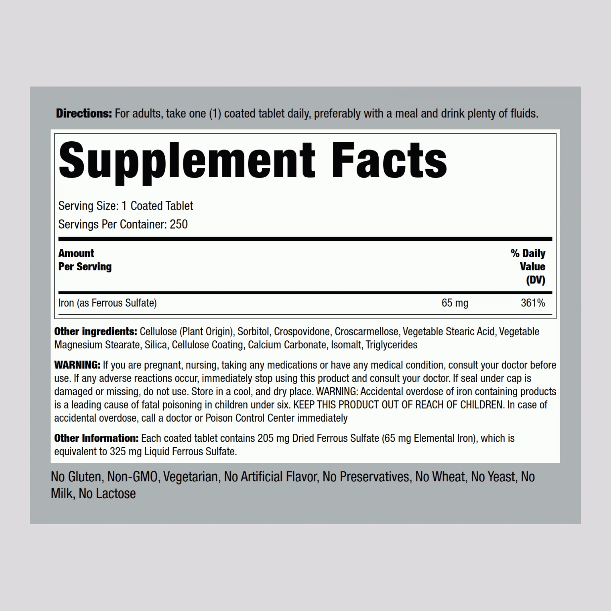 Iron Ferrous Sulfate, 65 mg, 250 Coated Tablets, 2  Bottles - Image 2