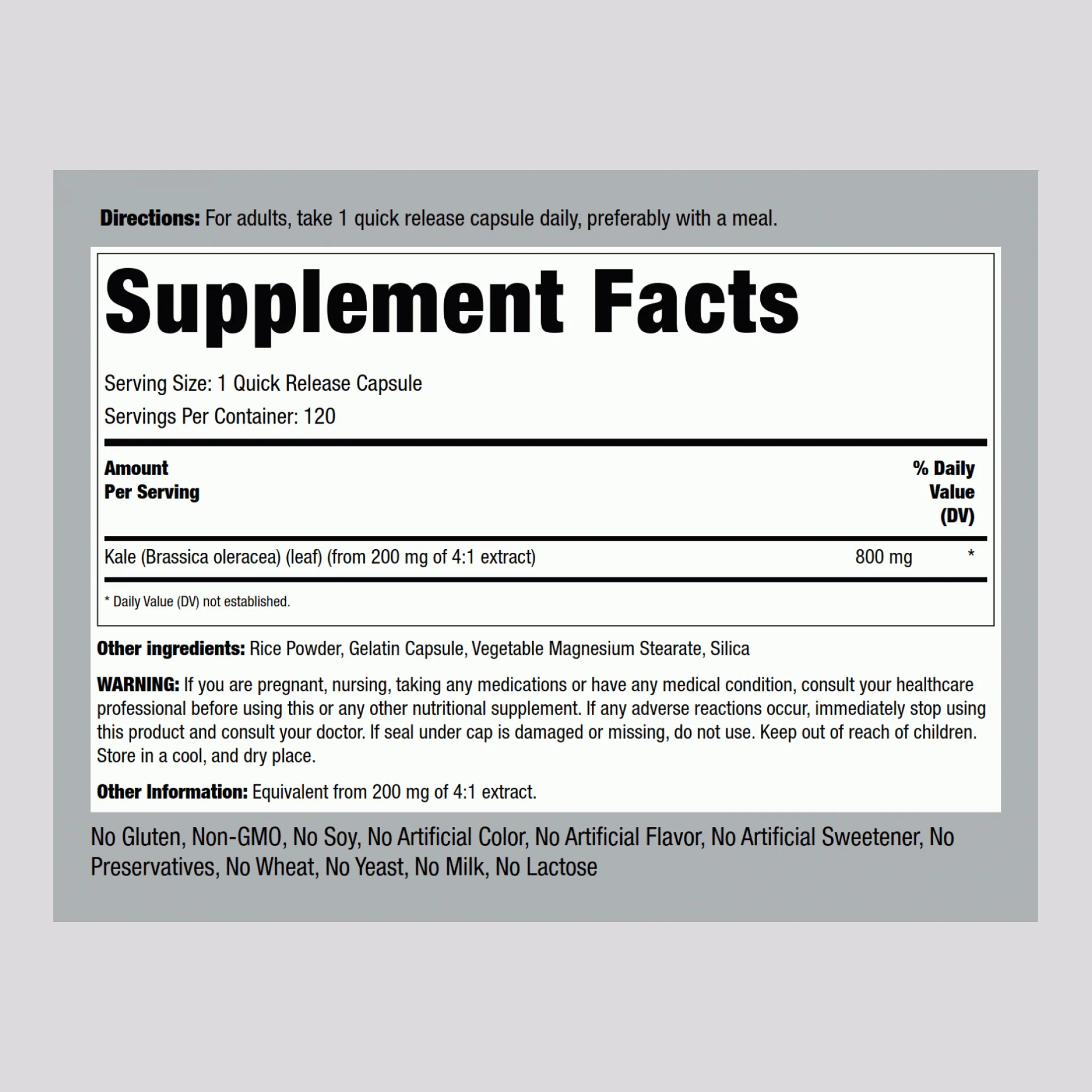 Kale, 800 mg, 120 Quick Release Capsules - Image 2