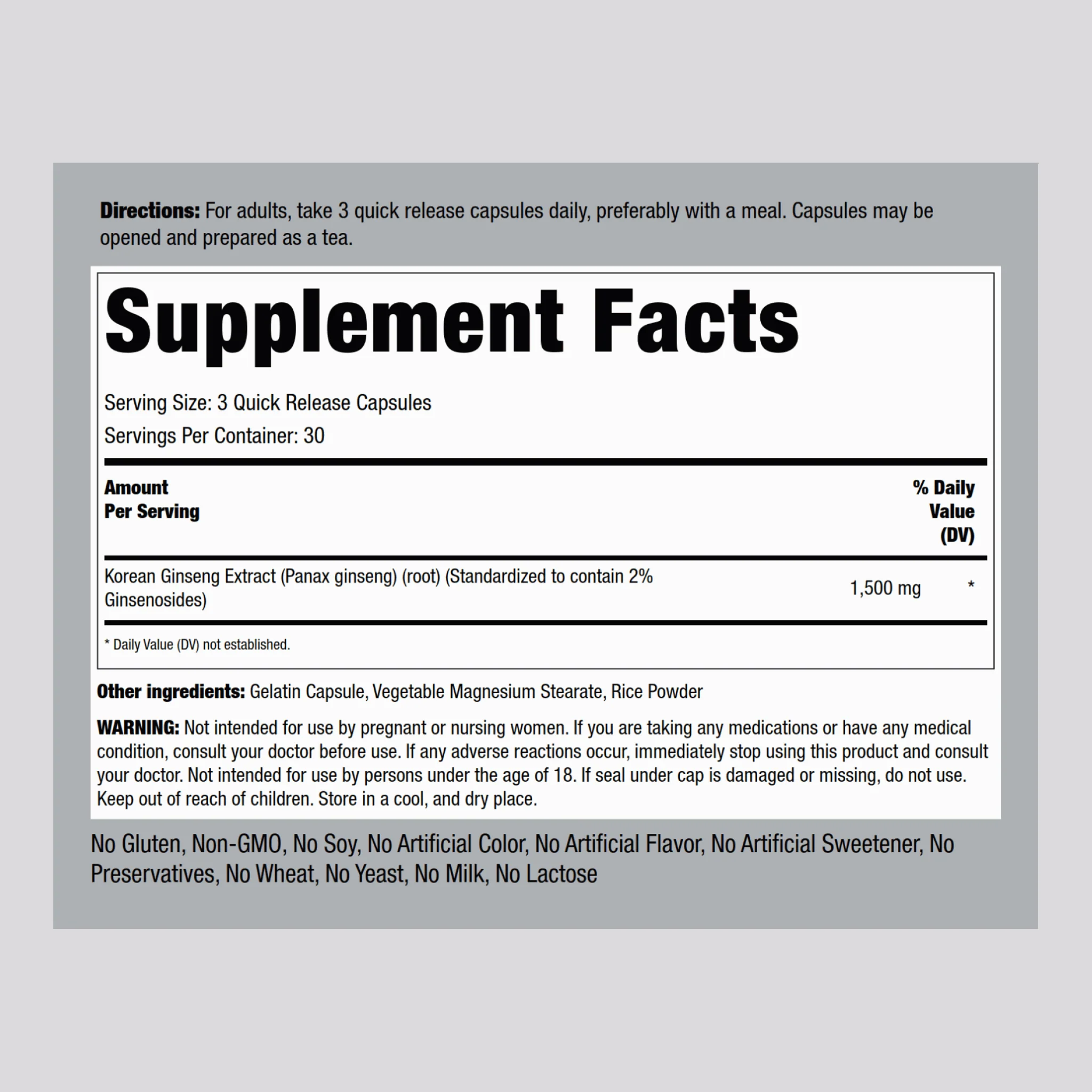 Korean Ginseng (Panax Ginseng), 1500 mg (per serving), 90 Quick Release Capsules, 2  Bottles - Image 2
