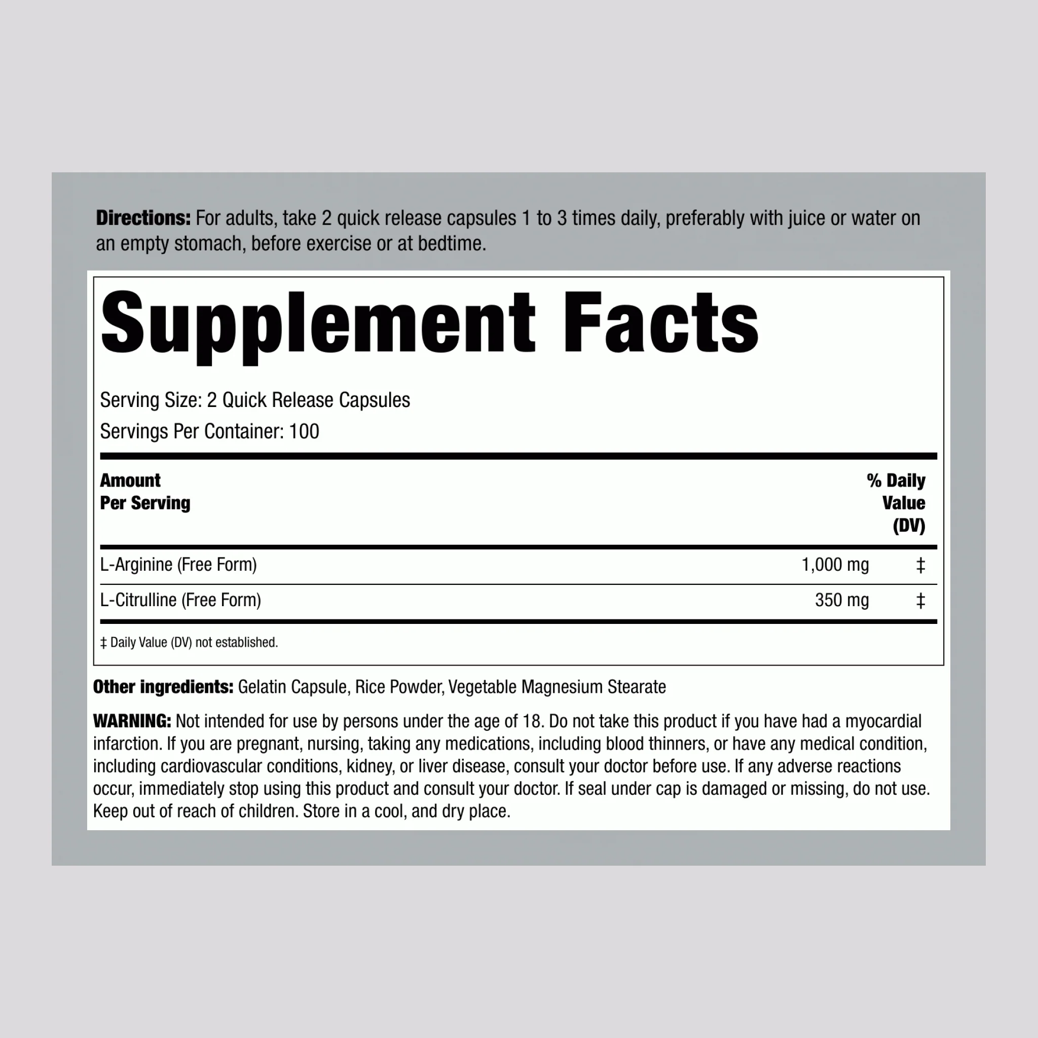 L-Arginine 1000 mg & Citrulline 350 mg, 1000/350 mg, 200 Quick Release Capsules - Image 2