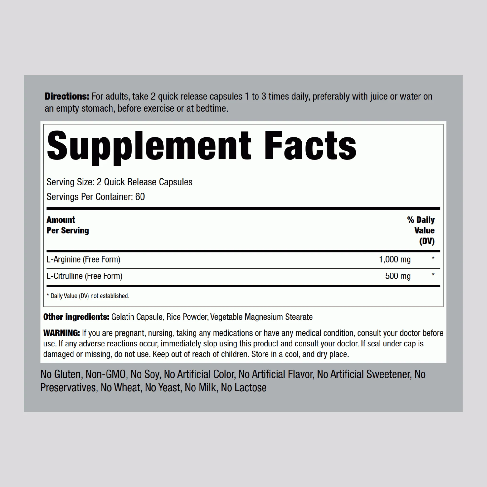 L-Arginine 1000 mg  & Citrulline 500 mg, 1000/500 mg, 120 Quick Release Capsules, 2  Bottles - Image 2