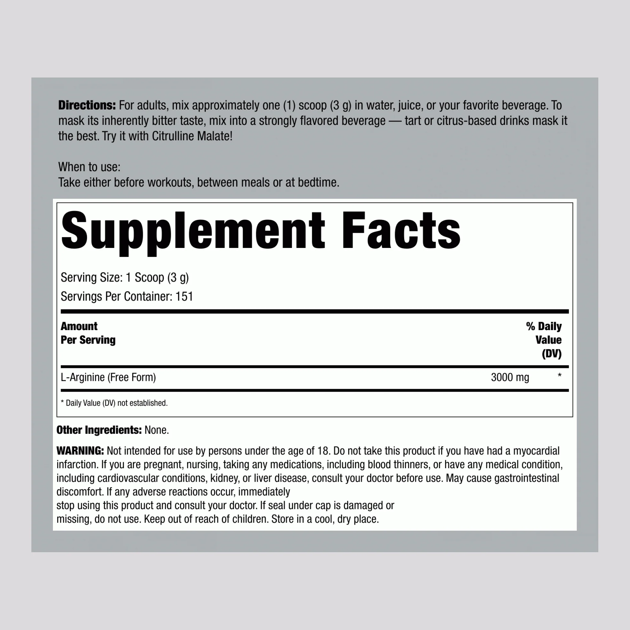 L-Arginine Powder, 3000 mg (per serving), 1 lb (454 g) Bottle - Image 2