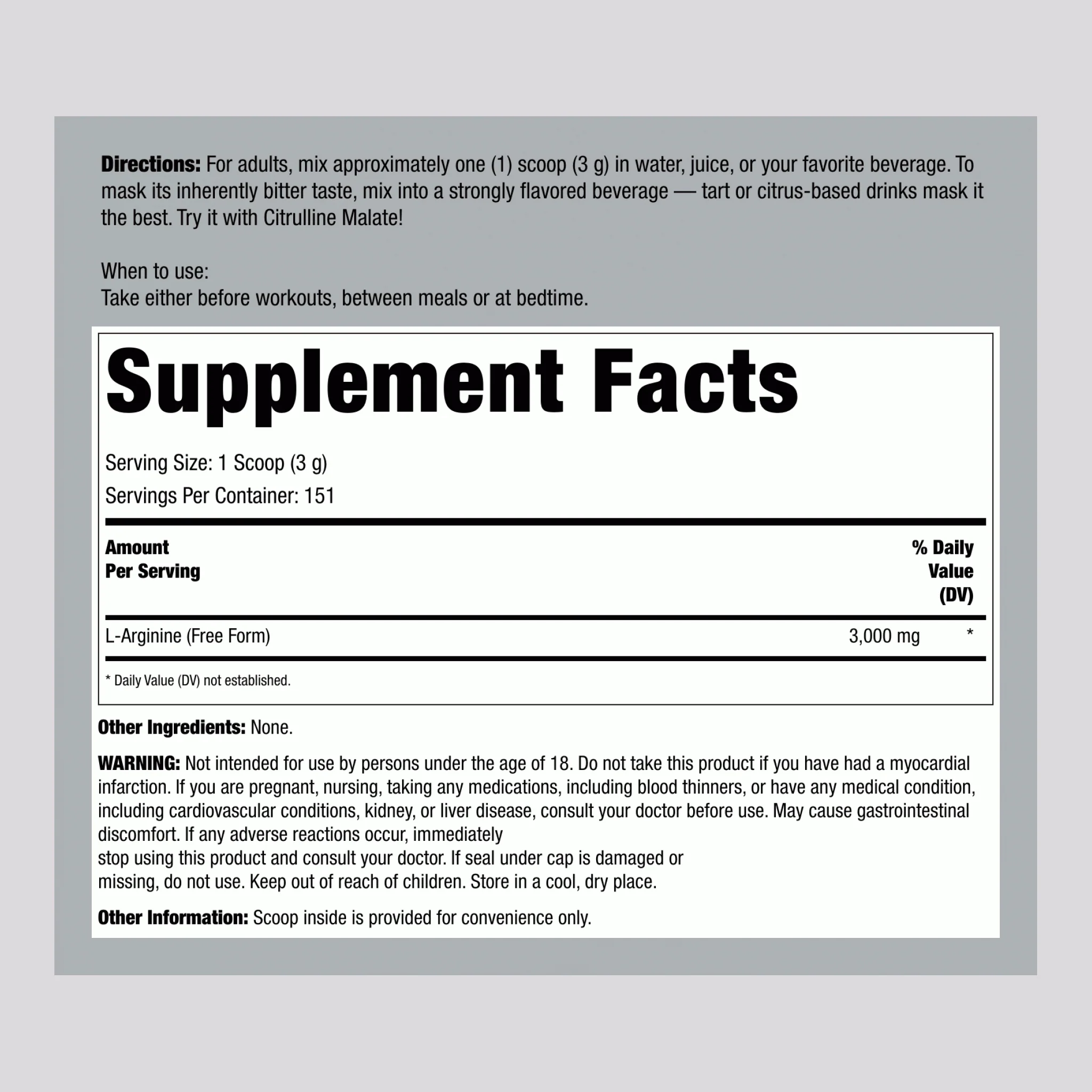 L-Arginine Powder, 3000 mg (per serving), 1 lb (454 g) Bottle, 2  Bottles - Image 2
