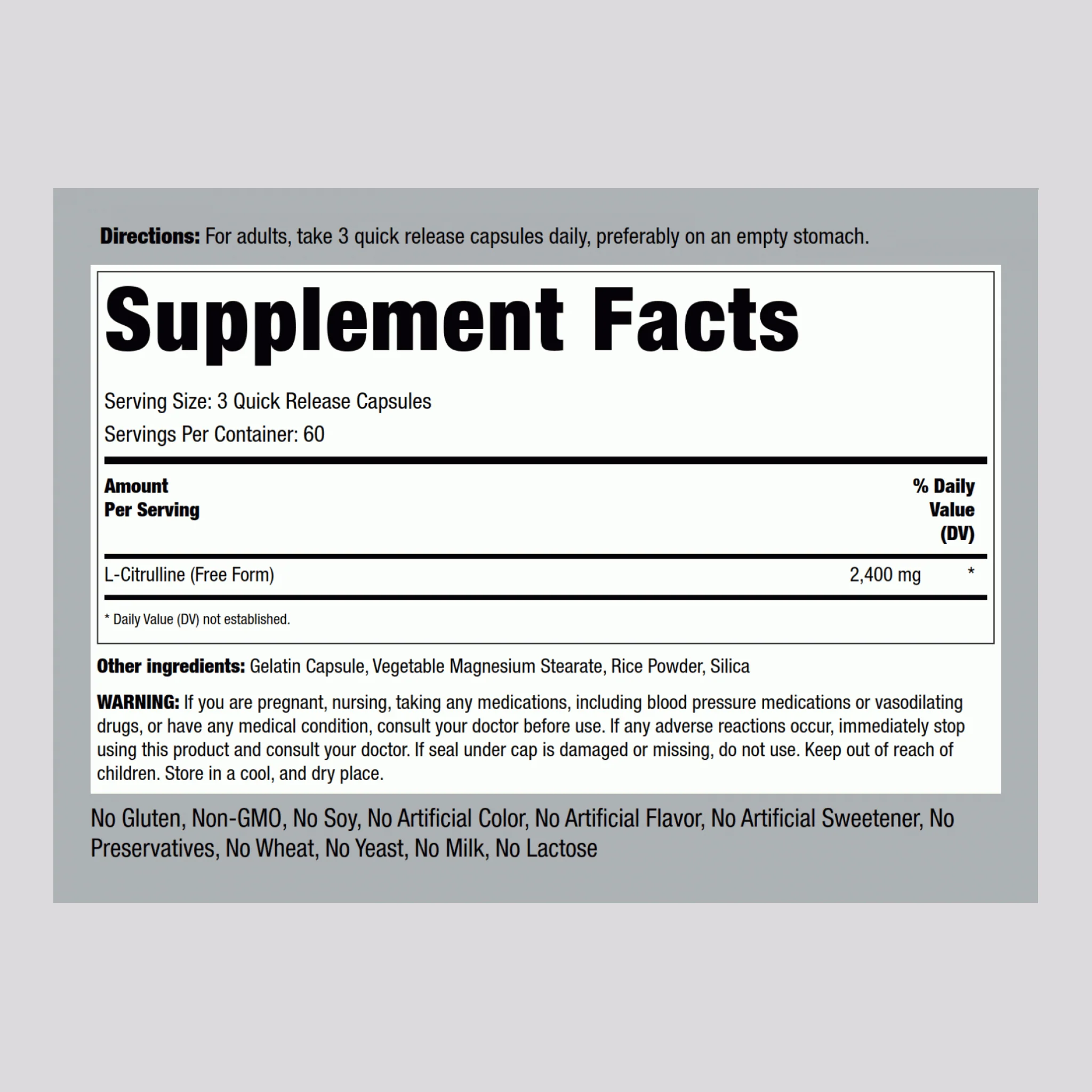 L-Citrulline, 2400 mg (per serving), 180 Quick Release Capsules, 2  Bottles - Image 2