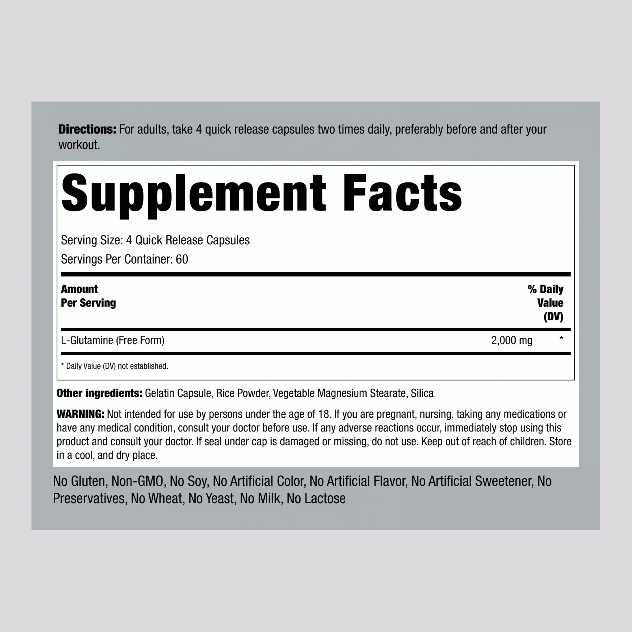 L-Glutamine, 2000 mg (per serving), 240 Quick Release Capsules - Image 2
