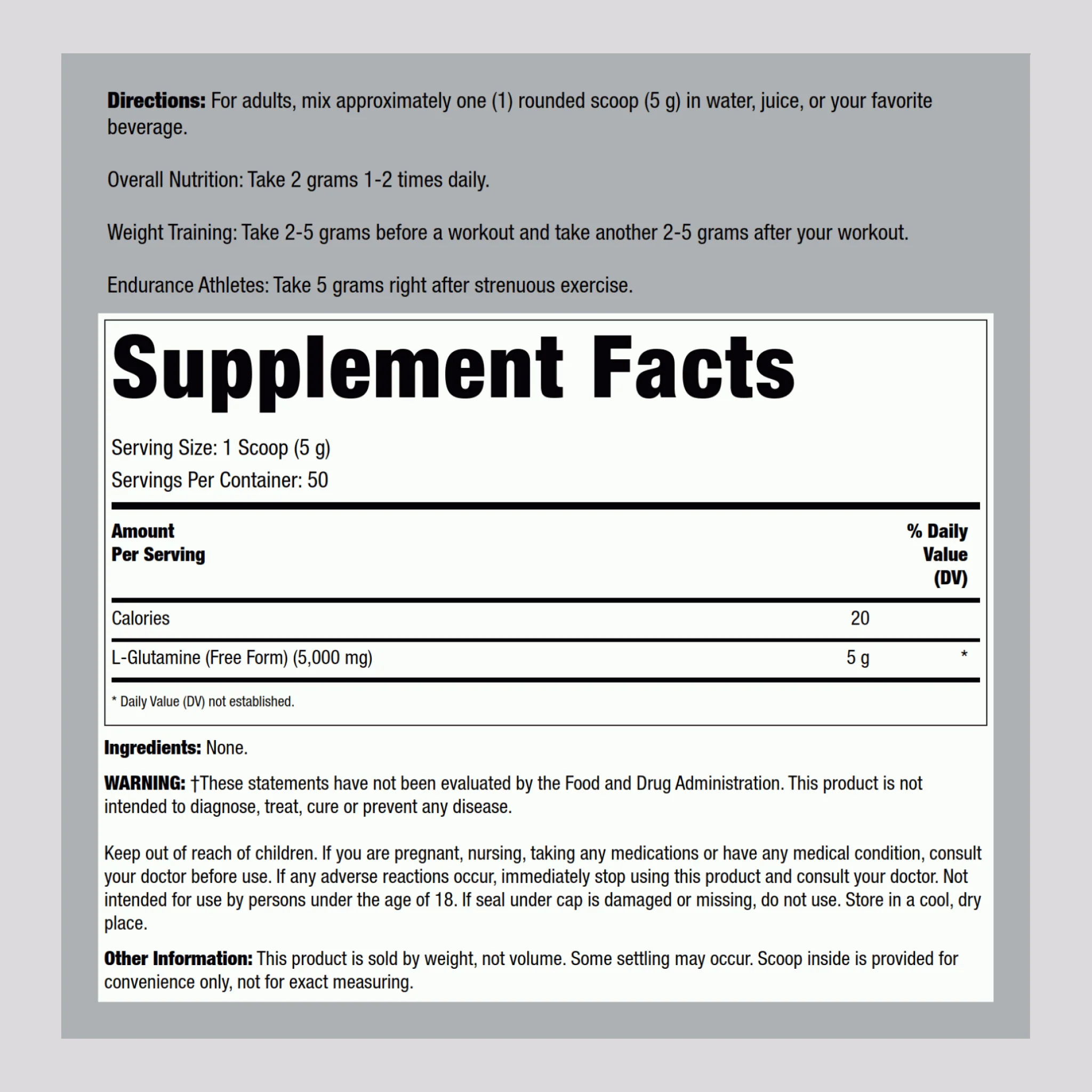 L-Glutamine Powder, 5000 mg, 250 g (8.82 oz) Bottle - Image 2