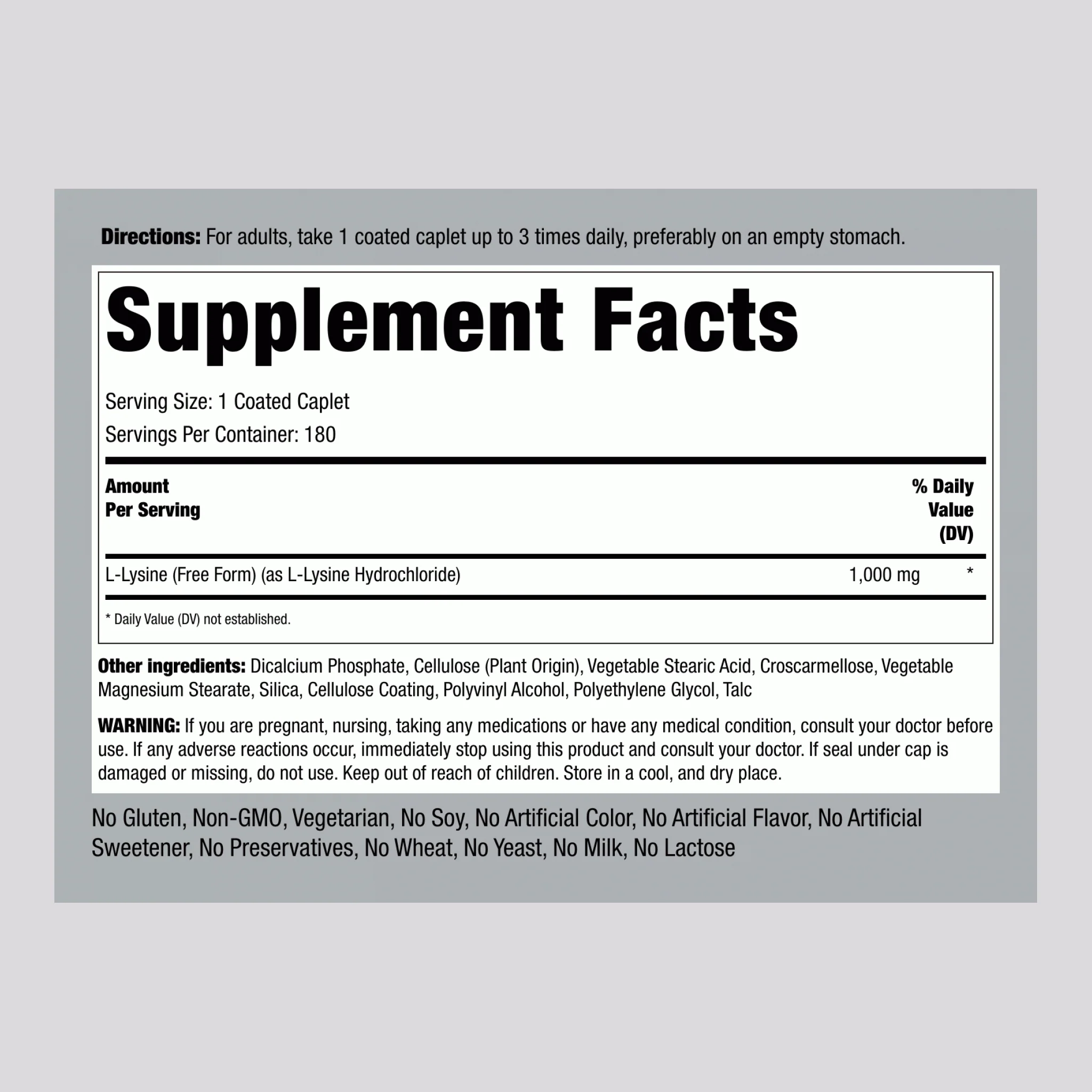 L-Lysine (Free Form), 1000 mg, 180 Coated Caplets - Image 2