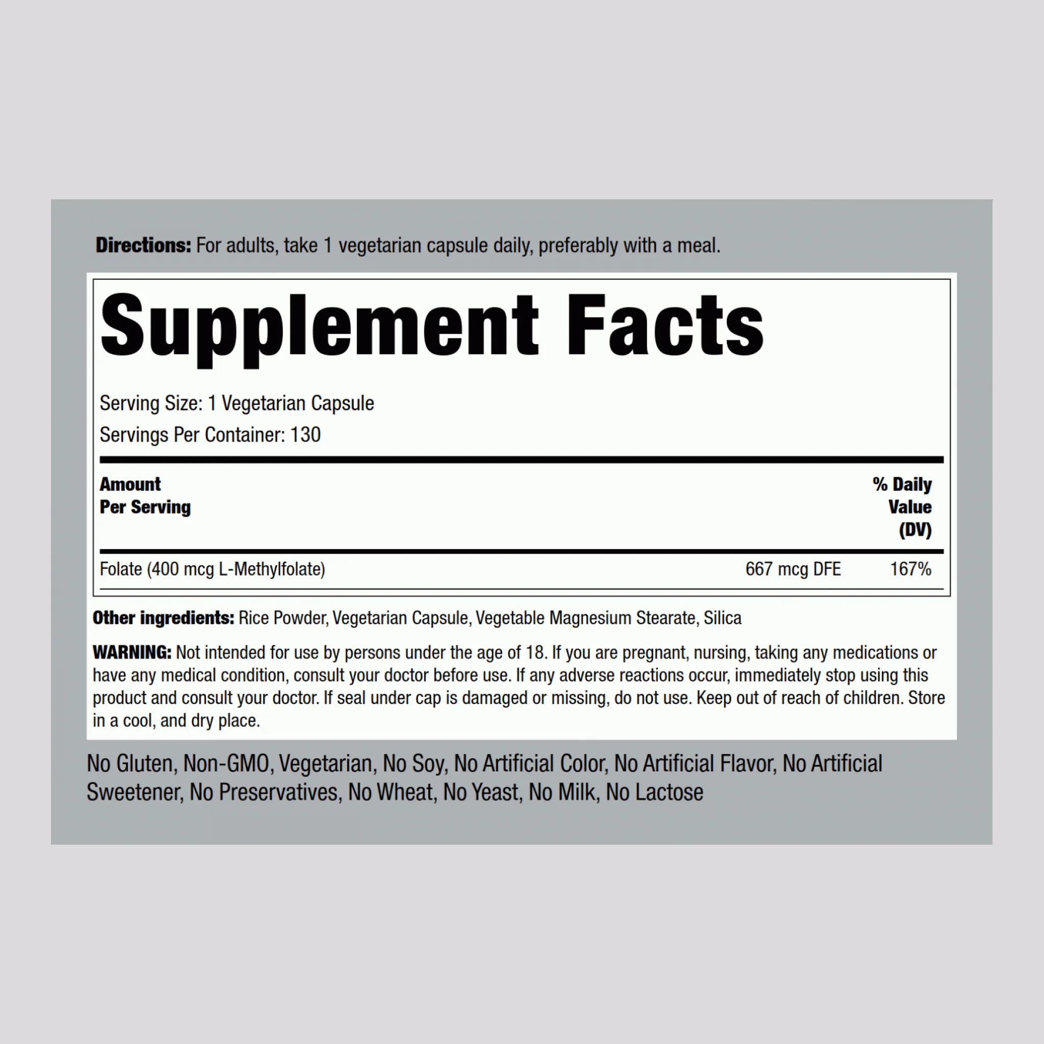 L-Methylfolate, 400 mcg, 130 Vegetarian Capsules - Image 2
