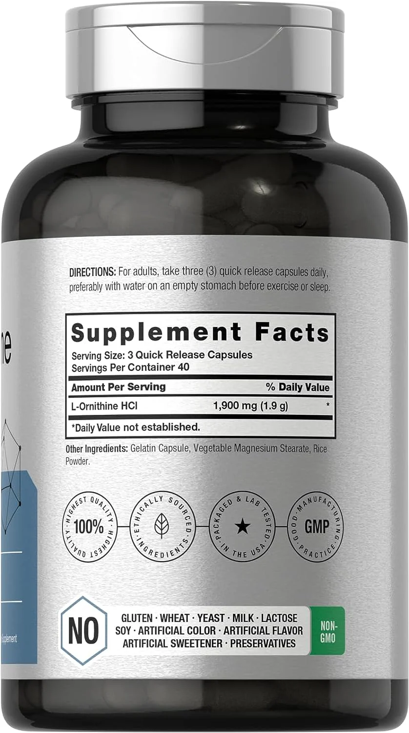 L-Ornithine HCI, 1900 mg (per serving), 120 Capsules - Image 4