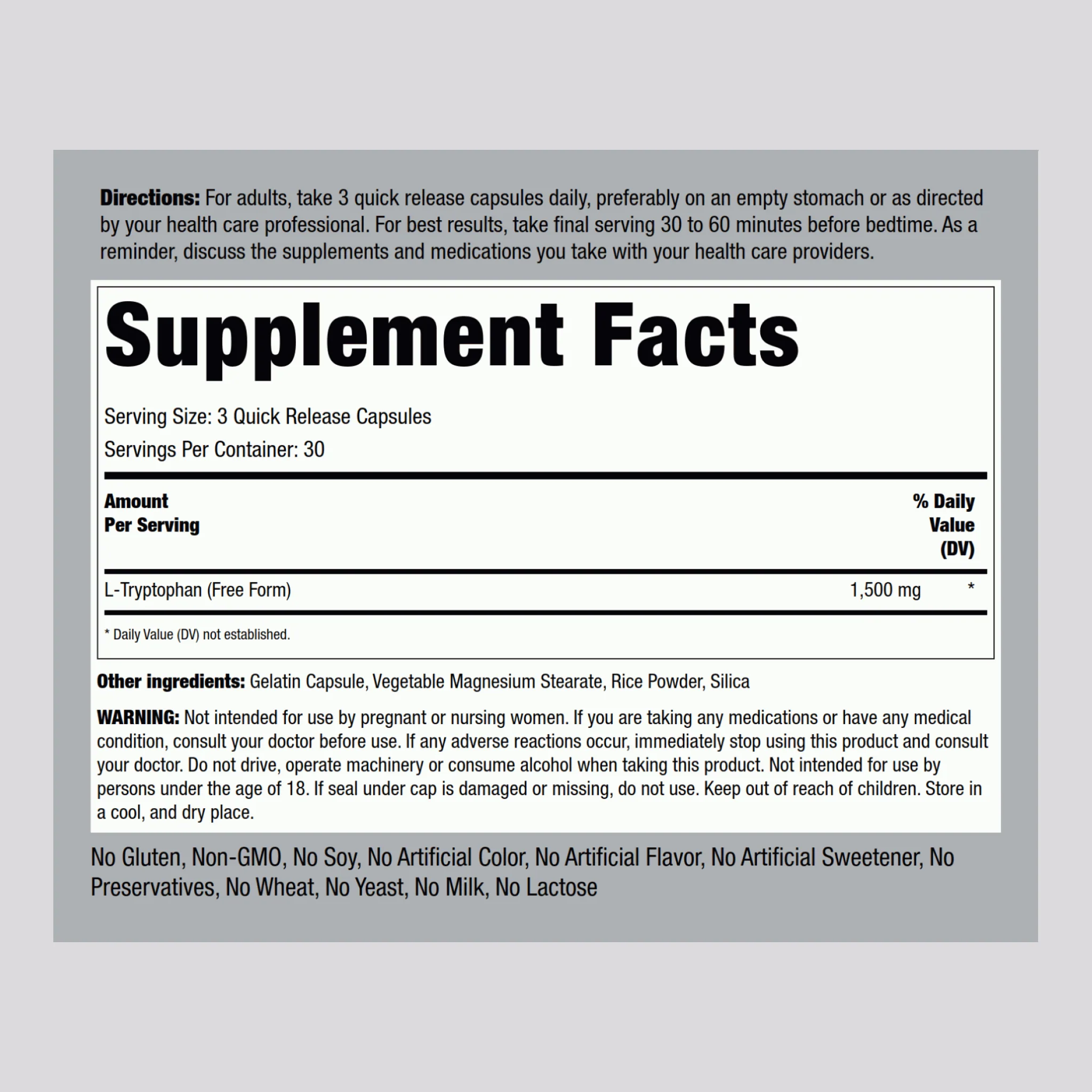 L-Tryptophan, 1500 mg (per serving), 90 Quick Release Capsules - Image 2