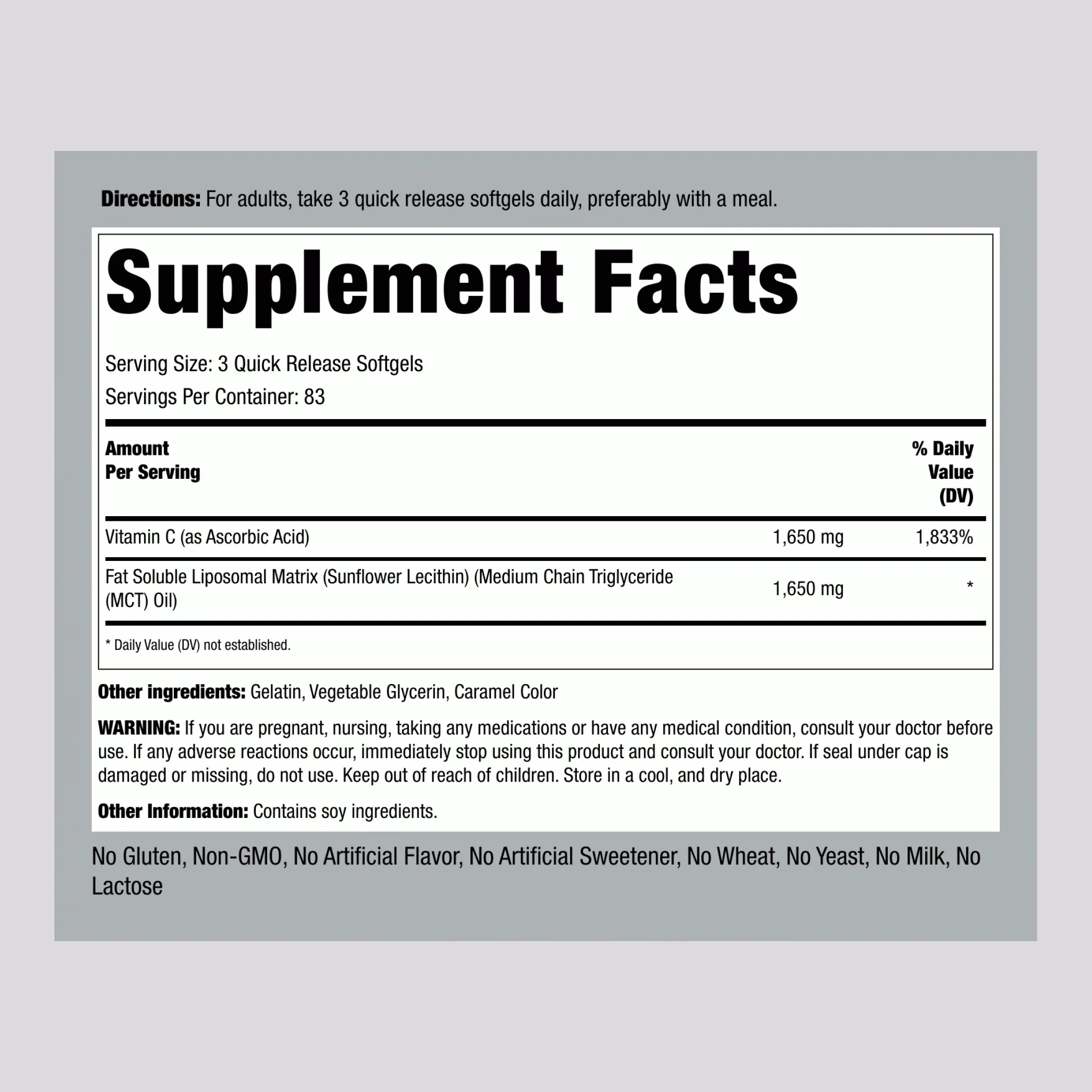 Liposomal Vitamin C Complex, 1650 mg (per serving), 250 Quick Release Softgels, 2  Bottles - Image 2