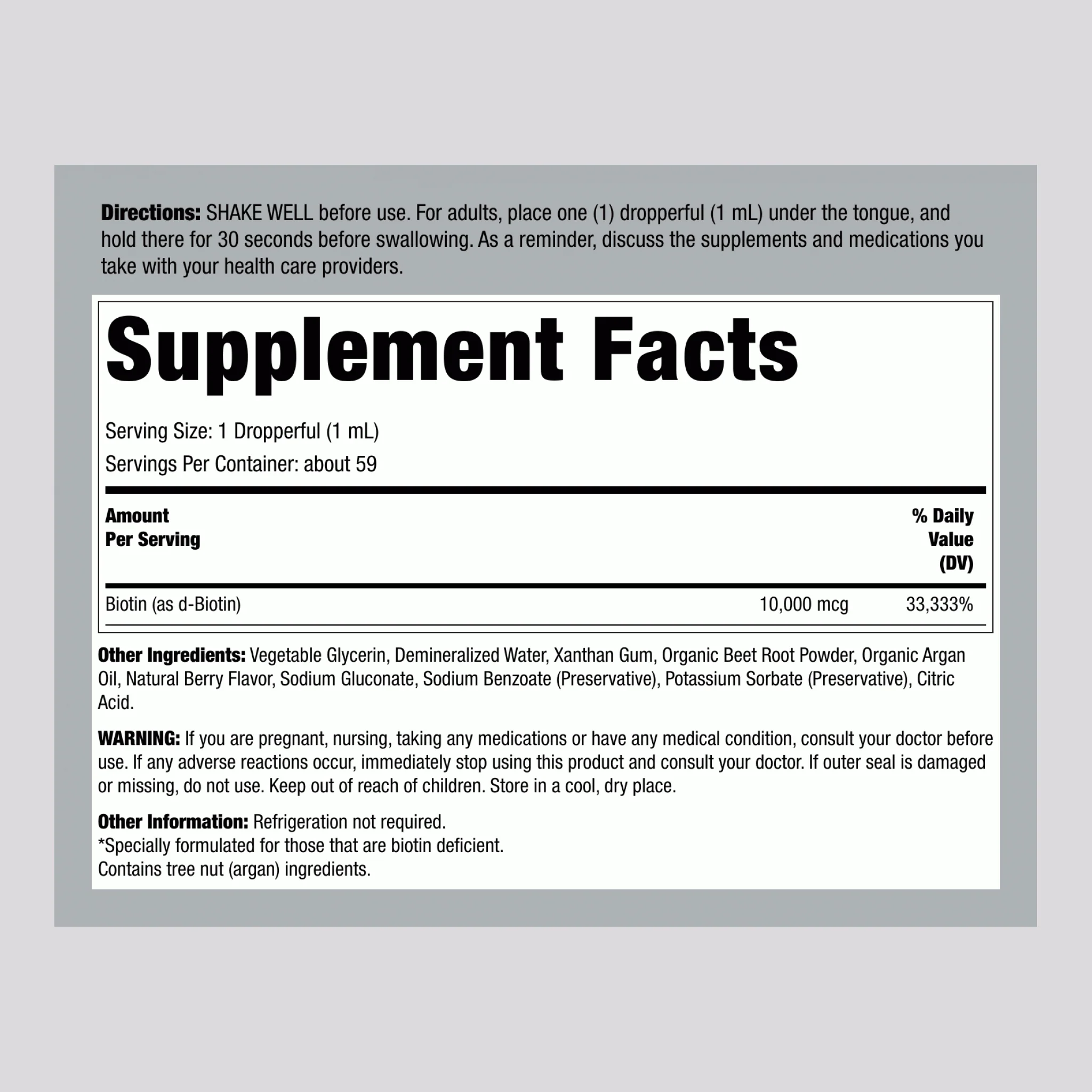 Liquid Biotin (Berry), 10000 mcg (per serving), 2 fl oz (59 mL) Dropper Bottle - Image 2
